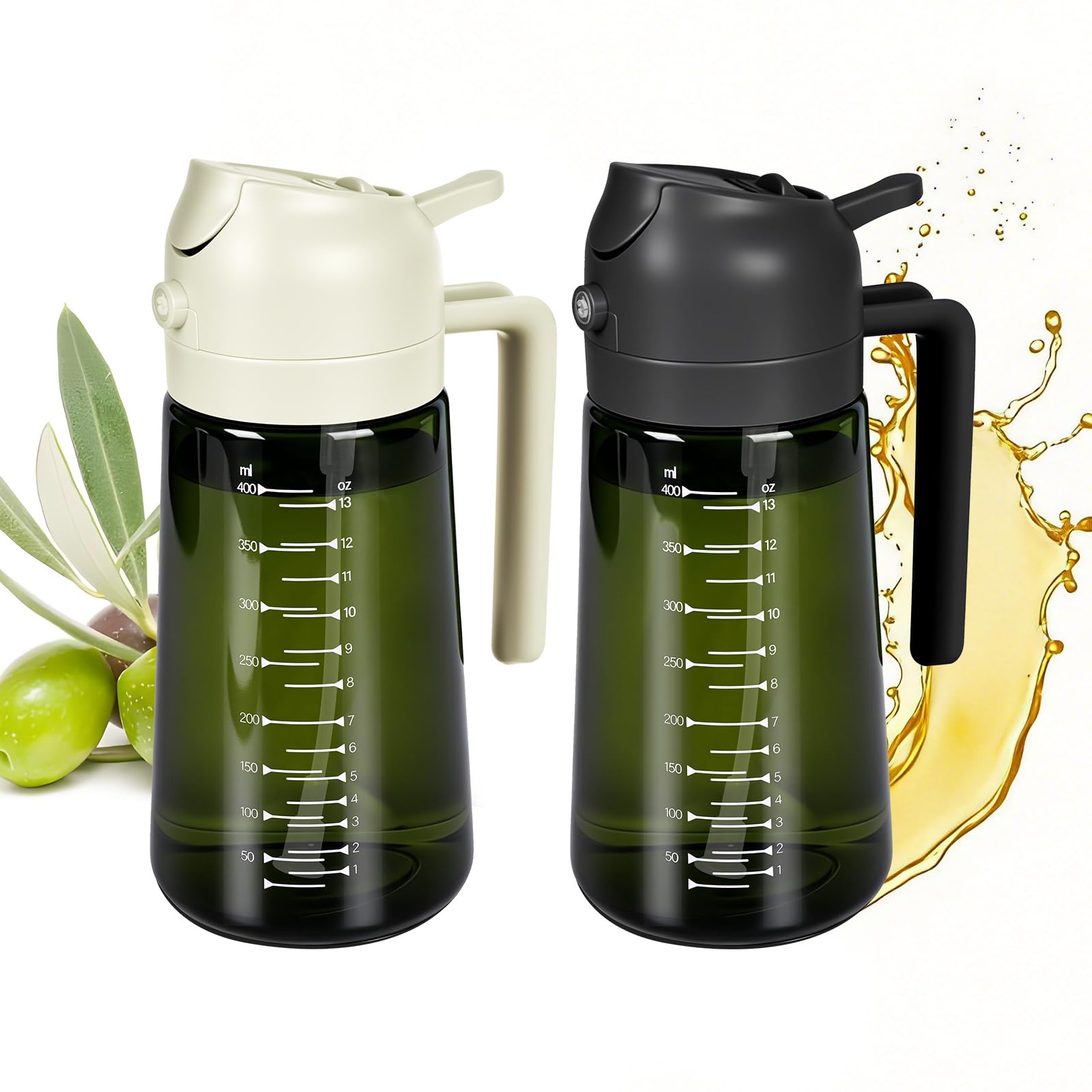 CUESVAP 2-Pack 16oz/470ml 2 in 1 Oil Spray Bottle & Dispenser – Glass Light-Proof Olive Oil Sprayer with Scale Markings, Food-Grade Kitchen Gadgets for Air Fryer, Cooking, Salad, BBQ (White & Black)