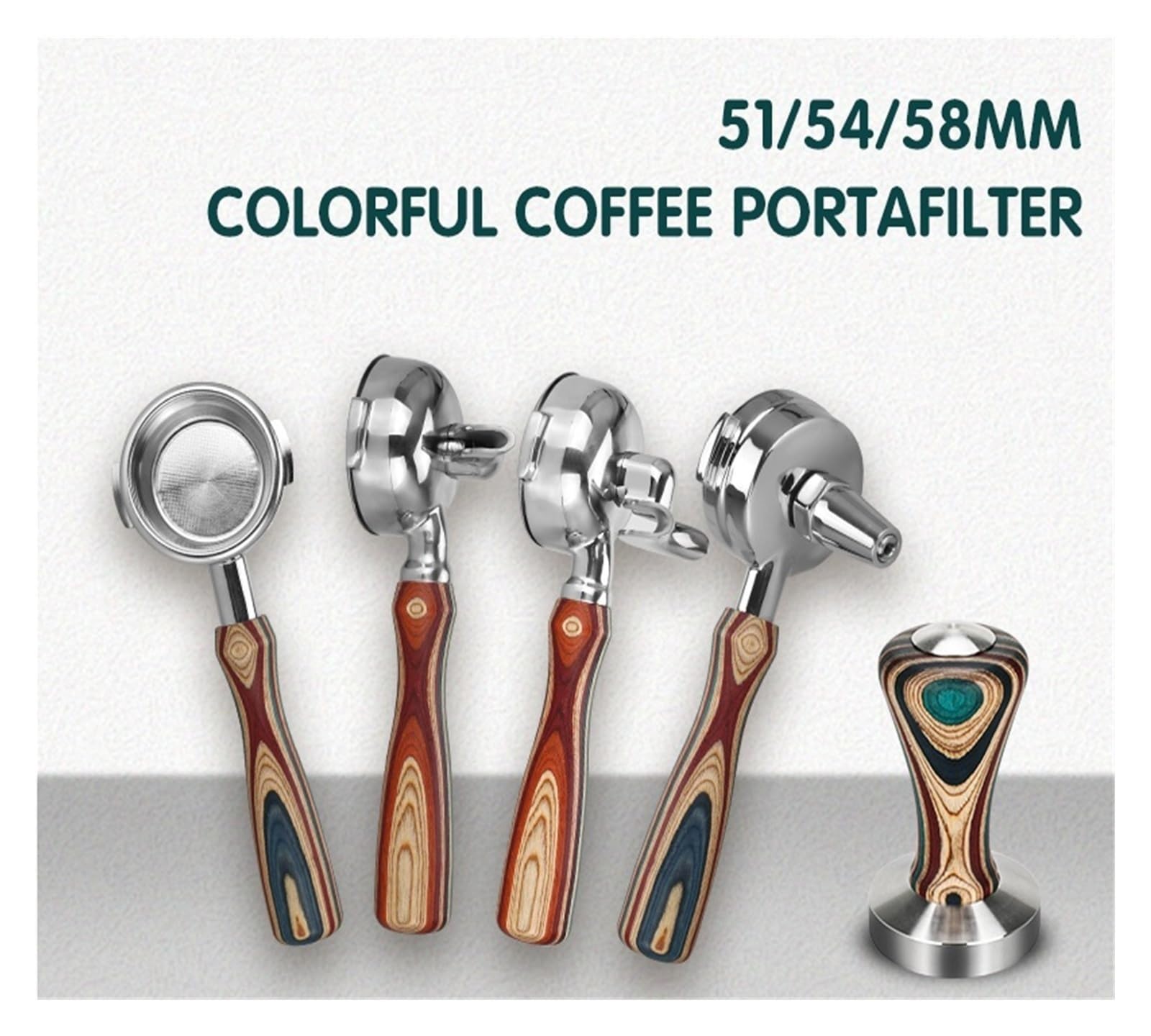 51 mm 54 mm 58 mm Portafiltro senza fondo for caffè Cestello filtro di ricambio Solido manico in legno colorato Tamper(B)