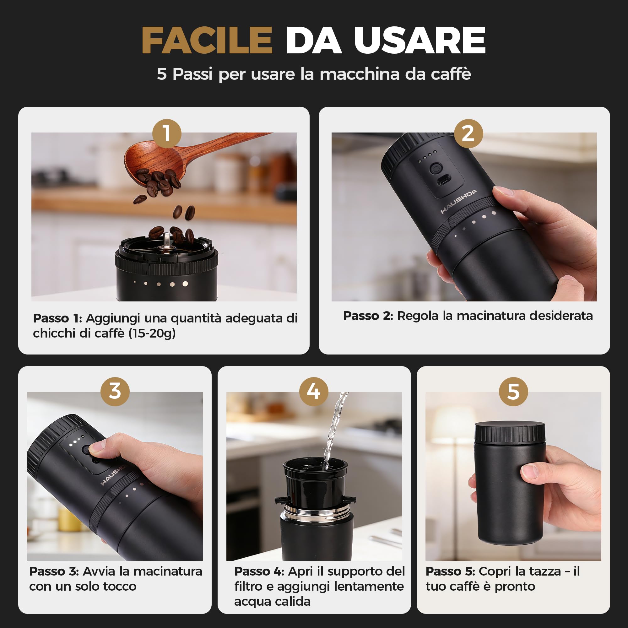 HAUSHOF Macinacaffè Elettrico Portatile Senza Filo con Infusione Integrata, Macinino Ricaricabile, Kit Manuale con Filtro in Acciaio e Tazza Termica da Viaggio, per Campeggio e Outdoor