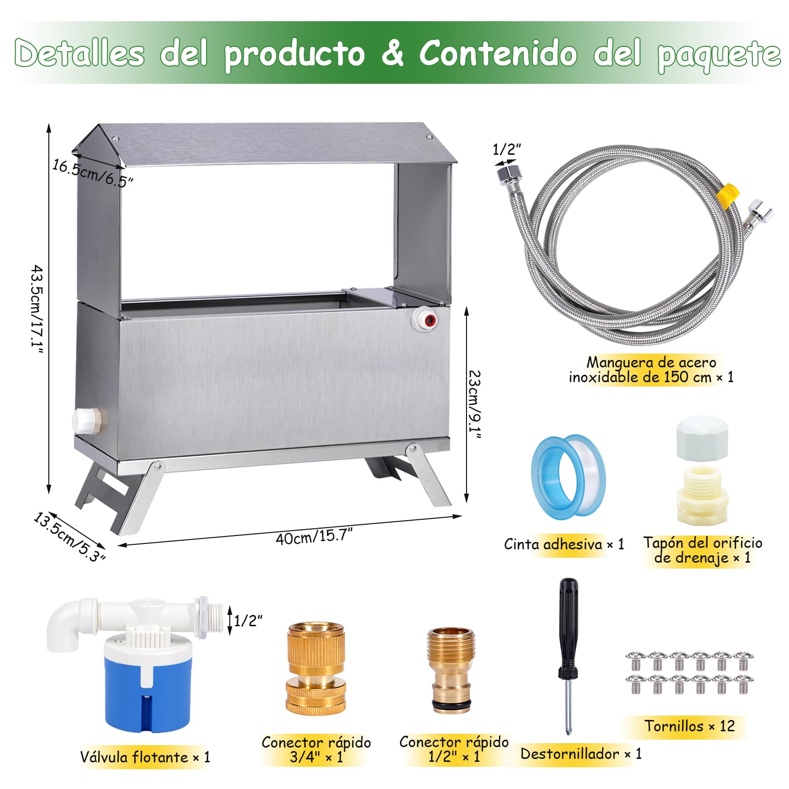 Bebedero Automático De Acero Inoxidable Para Pollos Dispensador AutomáTico De Regador De Pollo Con VáLvula De Flotador Y Pata Agua De Pollo De Metal De Gran Capacidad Para Pato Paloma Ganso (9 Litro）