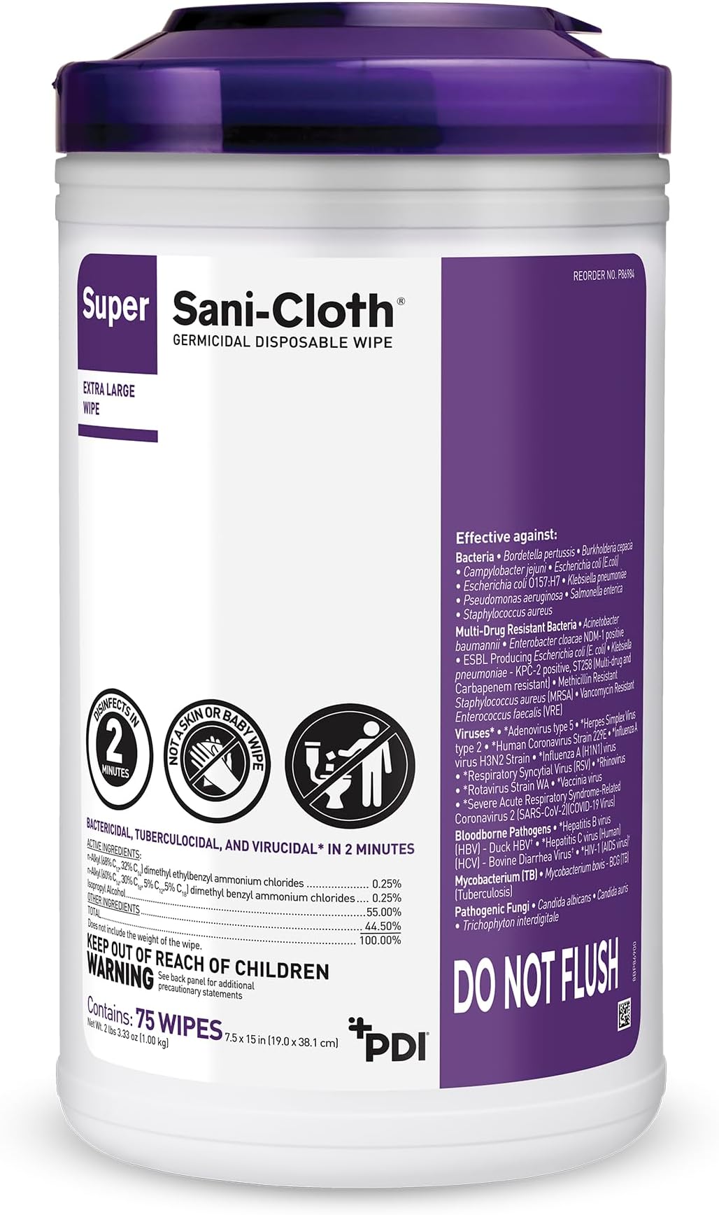 PDI Super Sani-Cloth Germicidal Disposable Wipes, 7.5”x15", 65 Count