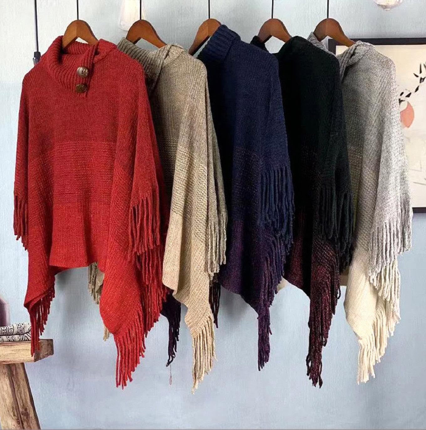 Poncho de Frente Abierto para Mujer Chal Holgado con Flecos para Otoño Invierno Ponchos con Capucha Mujer Punto Invierno Otoño Poncho de Las Mujeres Punto con Flecos Poncho a Rayas de Felpa de Color