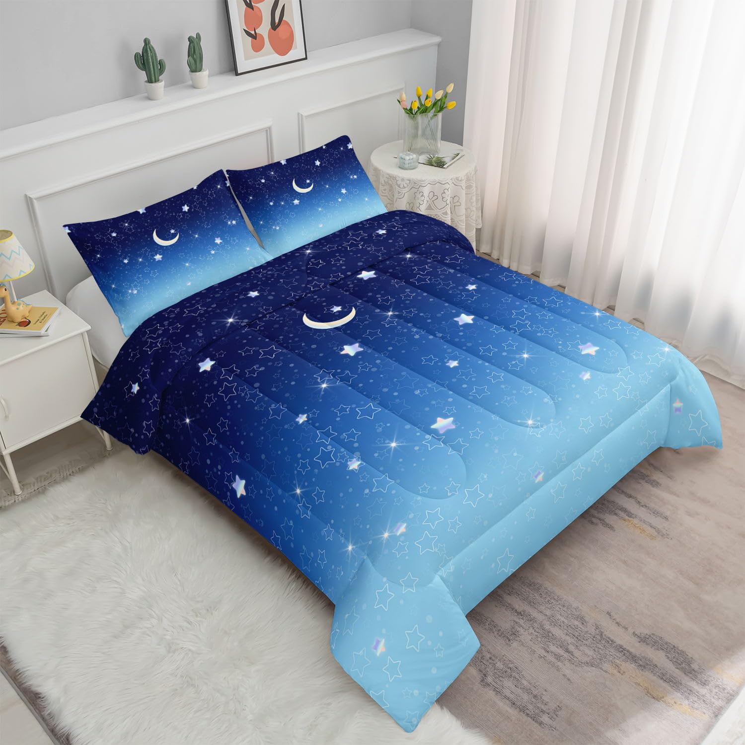 Datura home Starry Sky Comforter Set Blue Gradient Printed Pattern Quilt Bedding Set with 1 Comforter and 2 Pillowcases for Girls Women Bedroom All Season(Blue Gradient Queen)