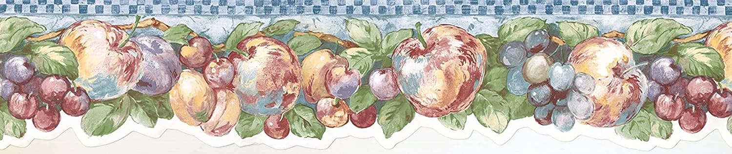 CONCORD WALLCOVERINGS ™ Wallpaper Border Kitchen Pattern Fruits Leaves for Dining Area Cottage One Side Die Cut, Colors Blue White Yellow Red Purple Green, Size 5 Inches by 15 Feet 7372725