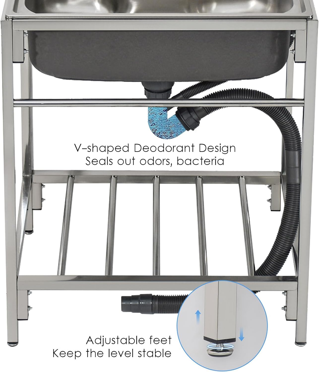 Free Standing 304 Stainless Steel Outdoor Utility Sink Unit with Storage Shelves, Hot & Cold Faucet - Perfect for Kitchen Prep, Laundry Room, Backyard & Garage Use
