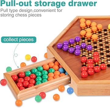 HOLYKING 12.6 Wooden Chinese Checkers Board Game with Storage Drawer 72 Acrylic Marbles (60+12 Spares), Classic Strategy Game for Family Night, 2-6 Players