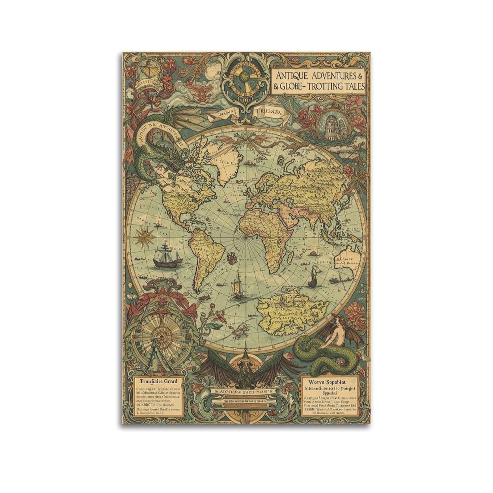 OKAHYS Vintage World Map Artwork Poster Decorative Painting Canvas Wall Artworks Picture 16x24inch(40x60cm)