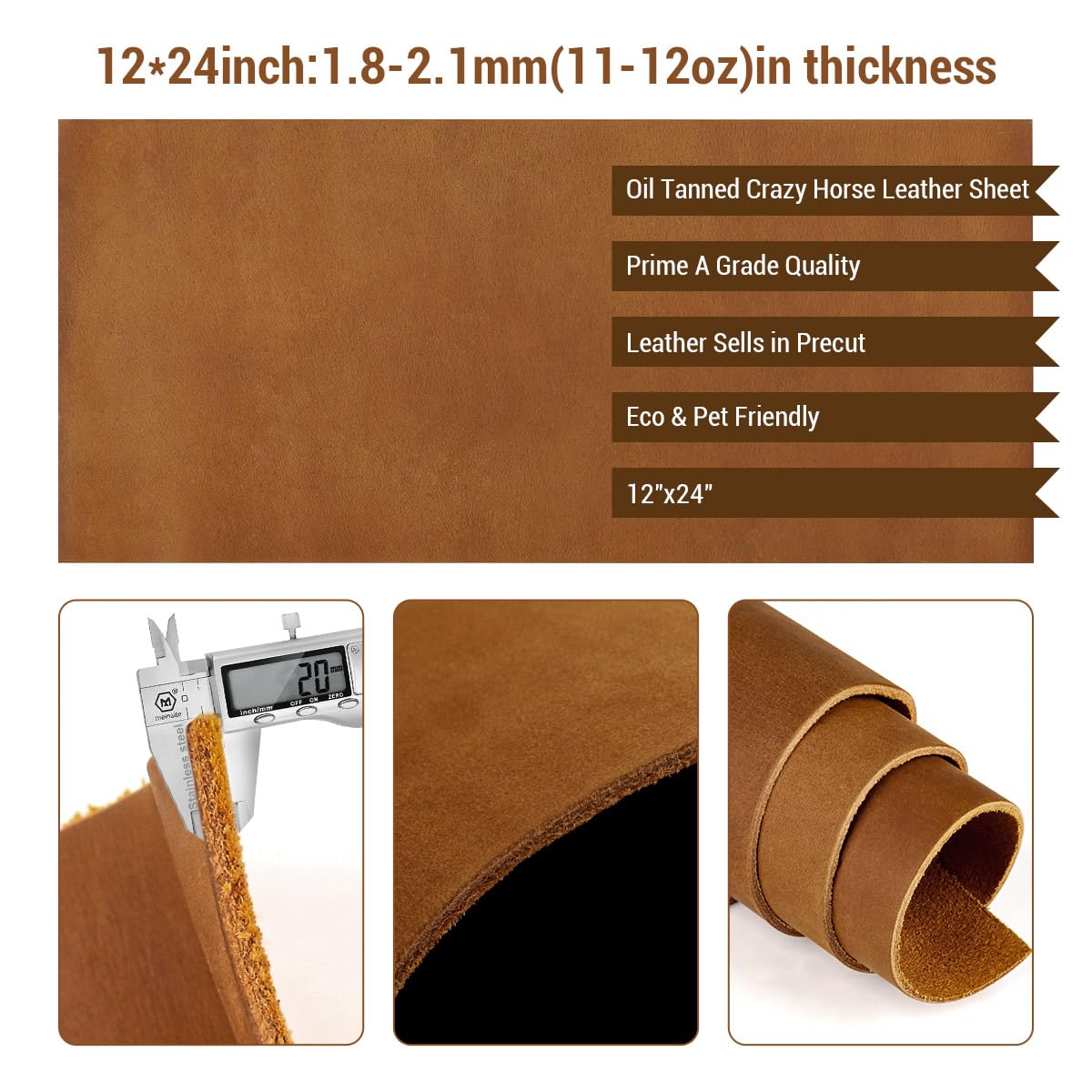 Cuadrado de cuero genuino para manualidades, hojas de cuero de caballo loco de 12 x 24 pulgadas, piezas de cuero de grano completo, material de cuero grueso para trabajo de cuero, 1.8-2.1 mm, marrón