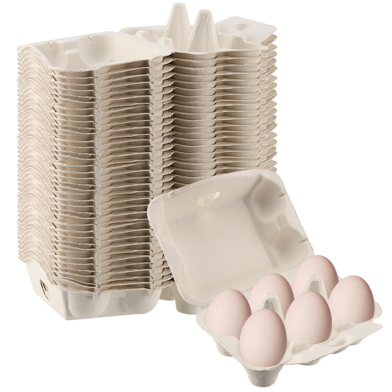 MUKLEI 50 PCS Paper Egg Cartons Bulk, Plain Egg Carton 6 Count, Pulp Egg Cartons for Kitchen, Farm, Market, Travel and Transport, White