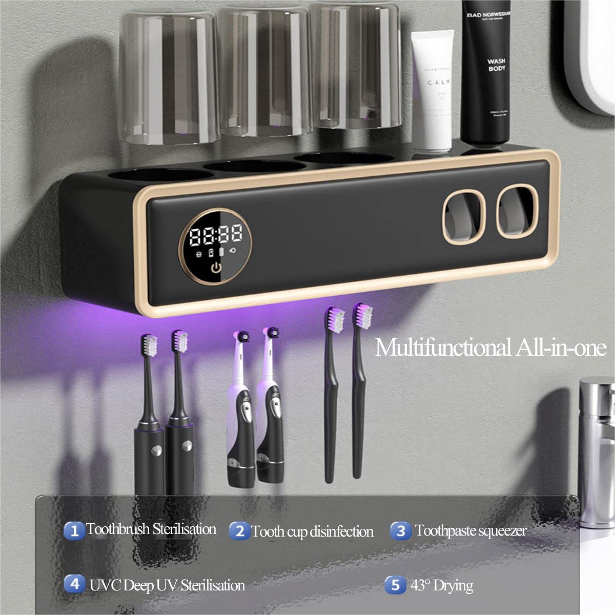 LANMOU Dispensador Automático Pasta Dientes, Soporte para Cepillo de Dientes montado en la Pared Dispensador de Pasta de Dientes automático Porta Cepillo de Dientes Esterilizador de cepillo dientes UV