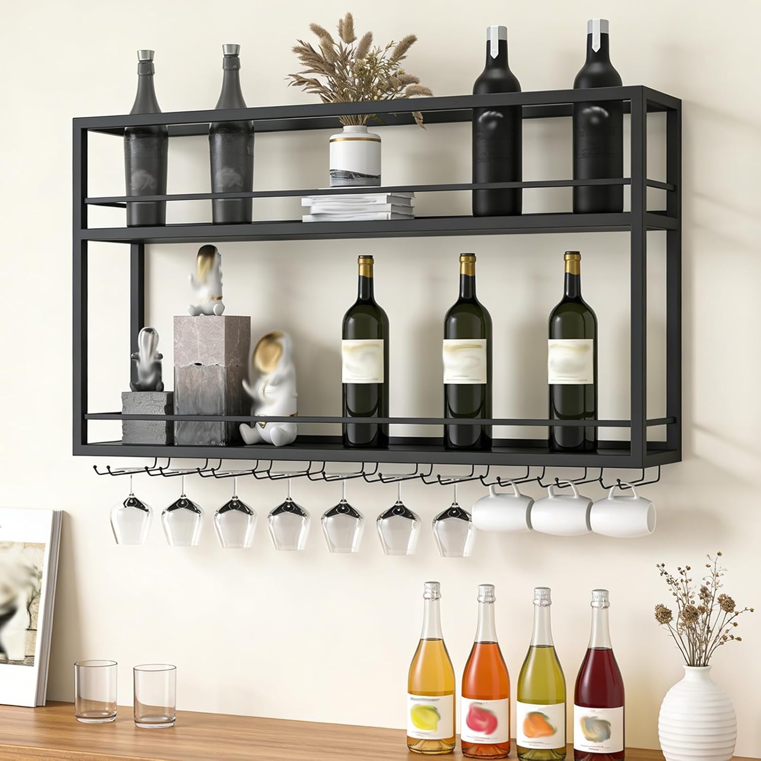 Industrial Wall Mounted Wine Rack, 2-Tier Wood Wine Bottle Shelf with Stemware Rack, Black Wine Glass Rack Multi Functional Wine Storage Display Rack for Home Bar Dining Room Kitchen (31.4×7.8×26in)