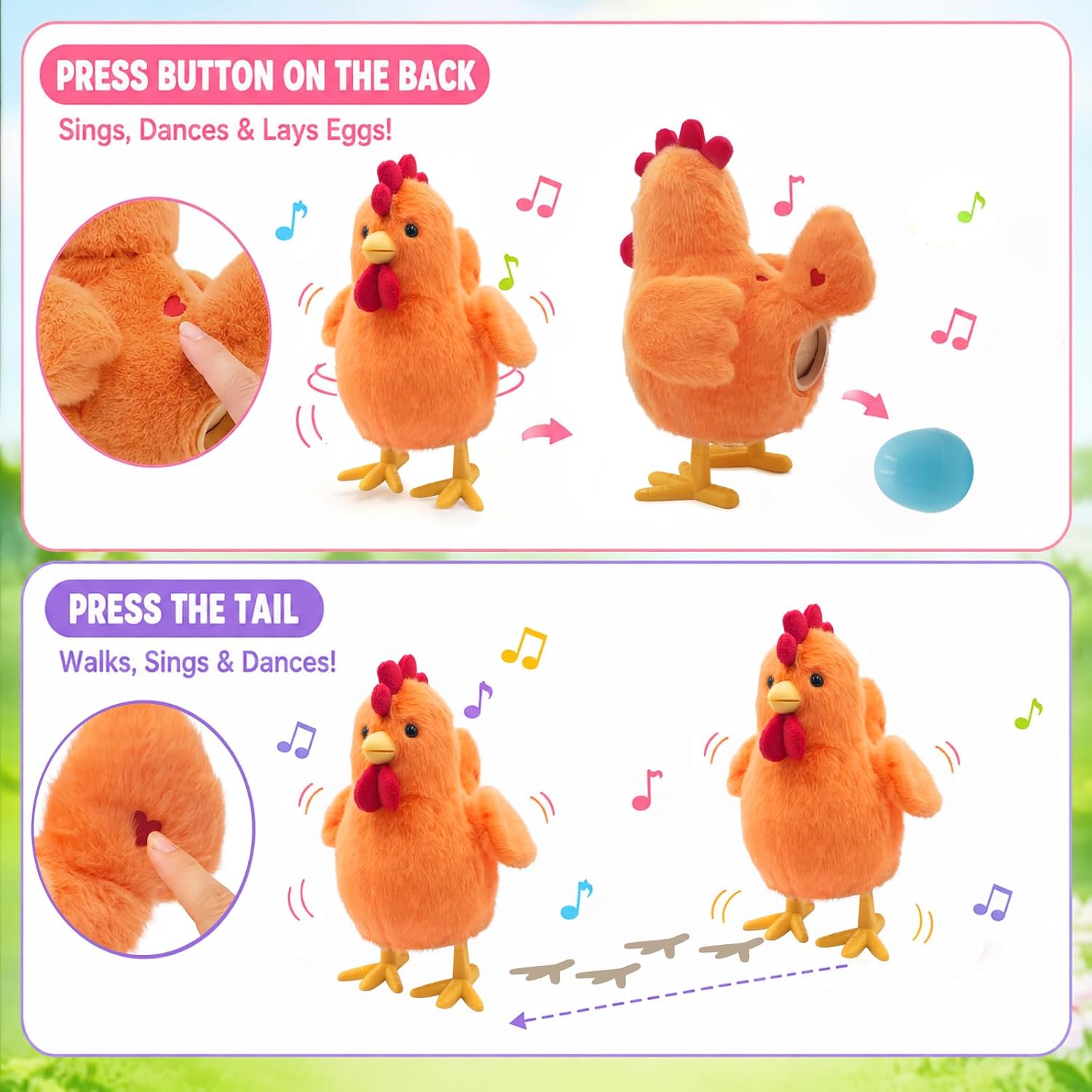 YH YUHUNG Interactive Mama Hen Plush Toy – Walking, Singing & Egg Laying Chicken – Feeds on Worms & Glows with Love – 6 in 1 Electronic Farm Pet Gift for Toddlers, Boys & Girls Ages 3+ (Orange) image 2