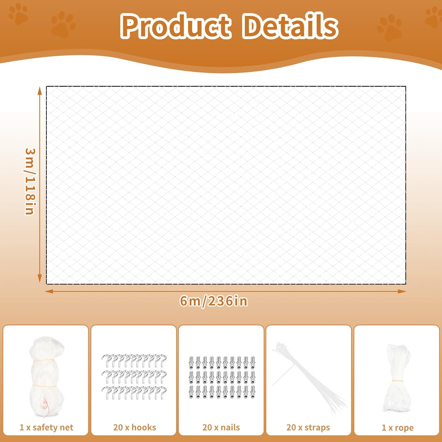 Cat Balcony Balcony, 20x10ft Nylon Pet Anti-Fall Fence Net, Cat Anti-Fall Fence Net for Balcony, Window, Stair, Patio for Small Medium Cats (26x10ft)