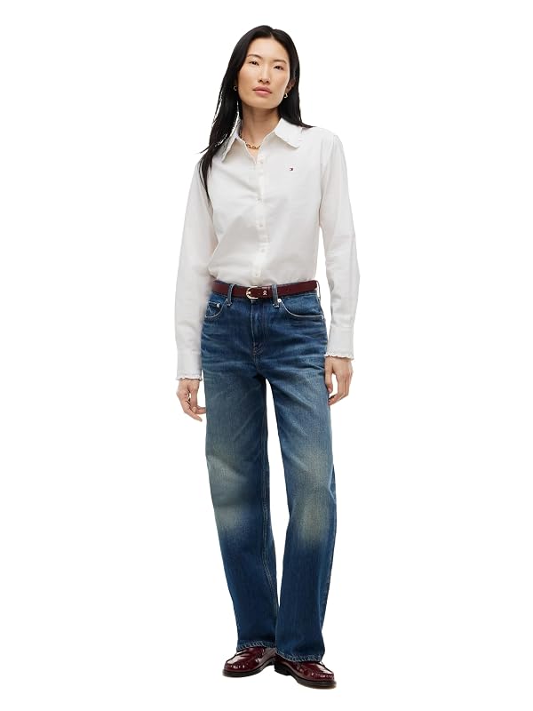 Tommy Hilfiger Women's Long Sleeve Cropped Cotton Oxford Shirts with Stretch, Ecru Medium by Tommy Hilfiger - Used condition - Image 3