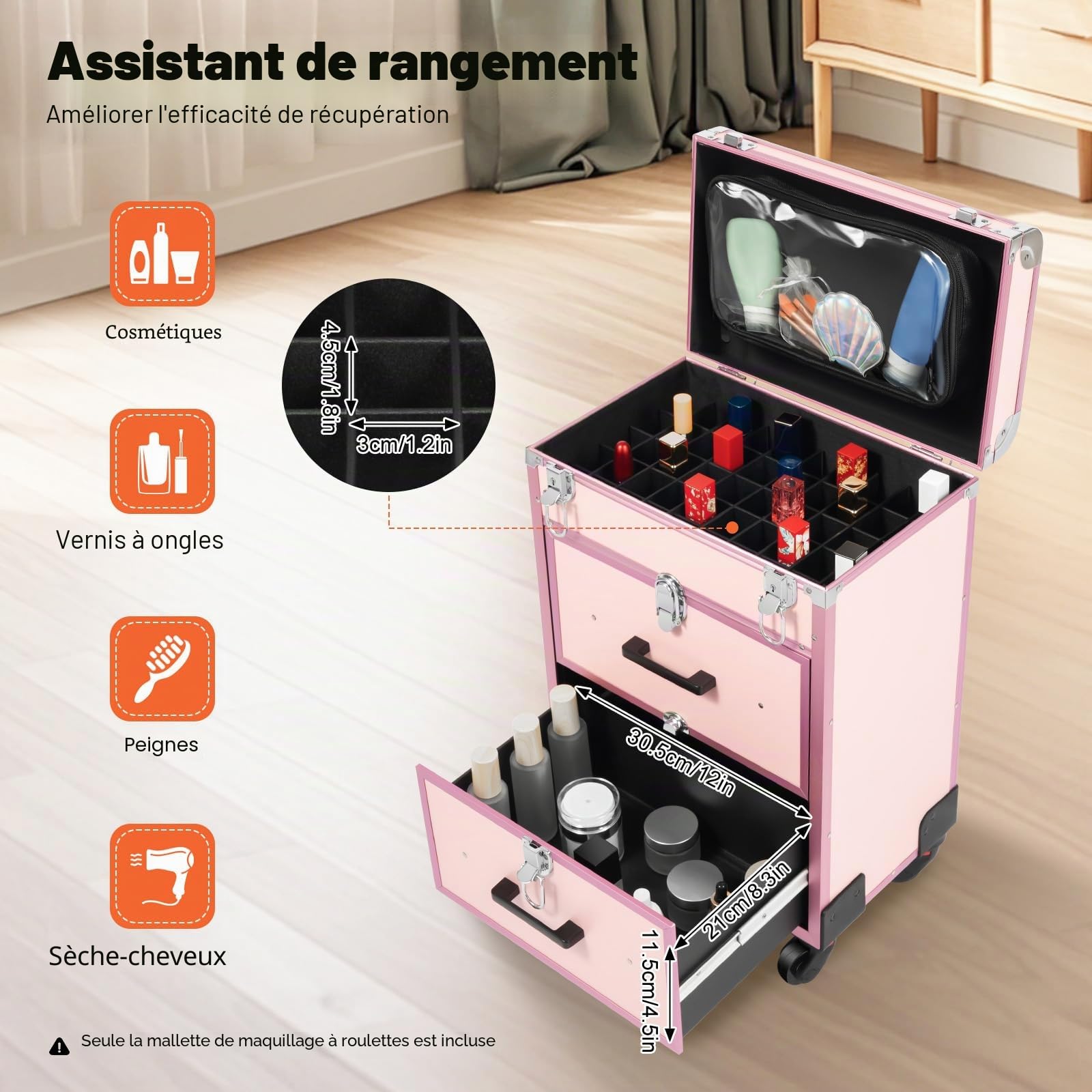 Valise cosmétique à roulettes avec tiroir, Valise professionnelle à roulettes pour maquillage et ongles, Grande valise à maquillage verrouillable pour femmes avec roues pour voyage