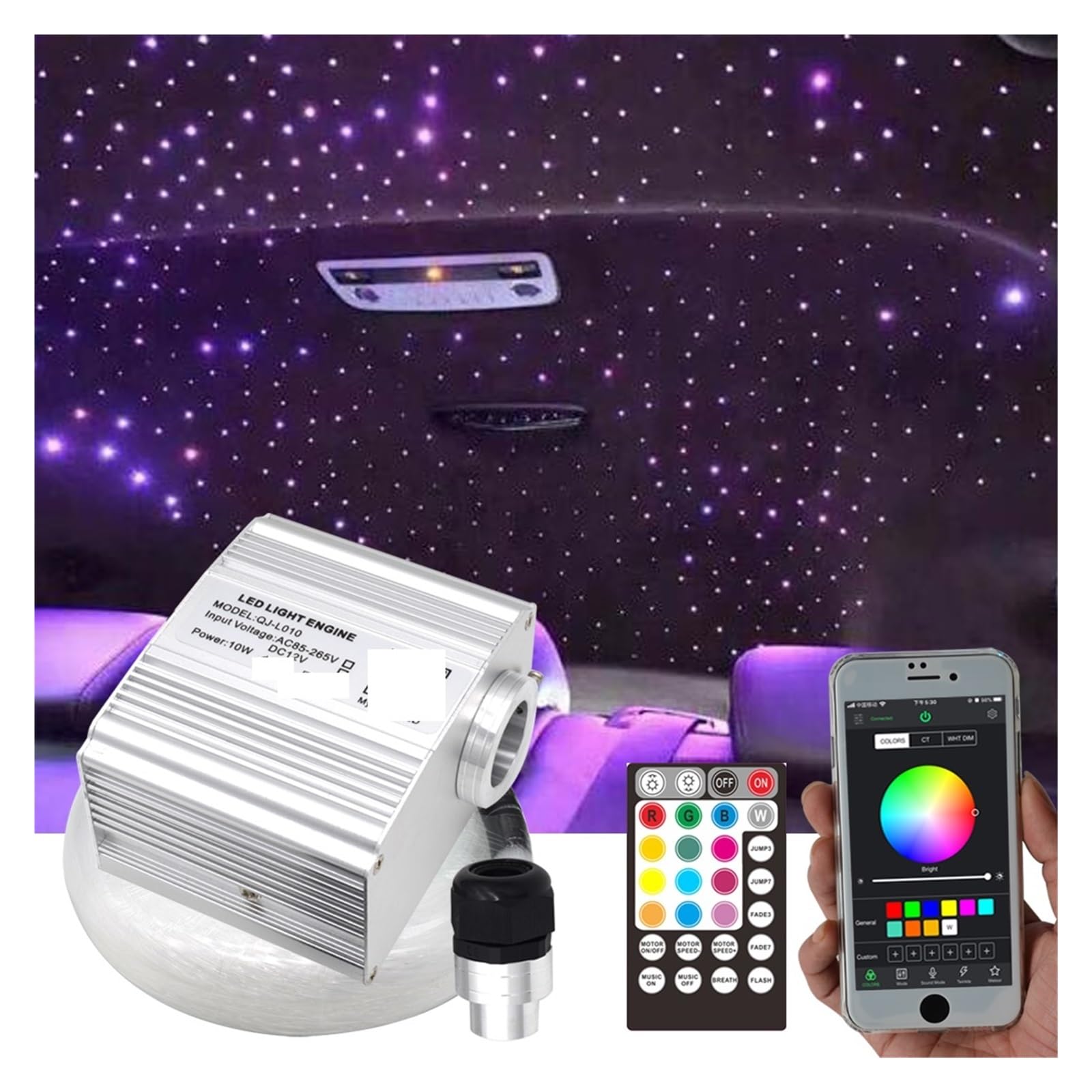 Oświetlenie wnętrza samochodu LED, Światłowodowe oświetlenie dachowe samochodu LED Smartphone APP Control Twinkle 10W RGBW Star Sufitowy zestaw oświetlenia optycznego Światła nastrojowe w samochodzie