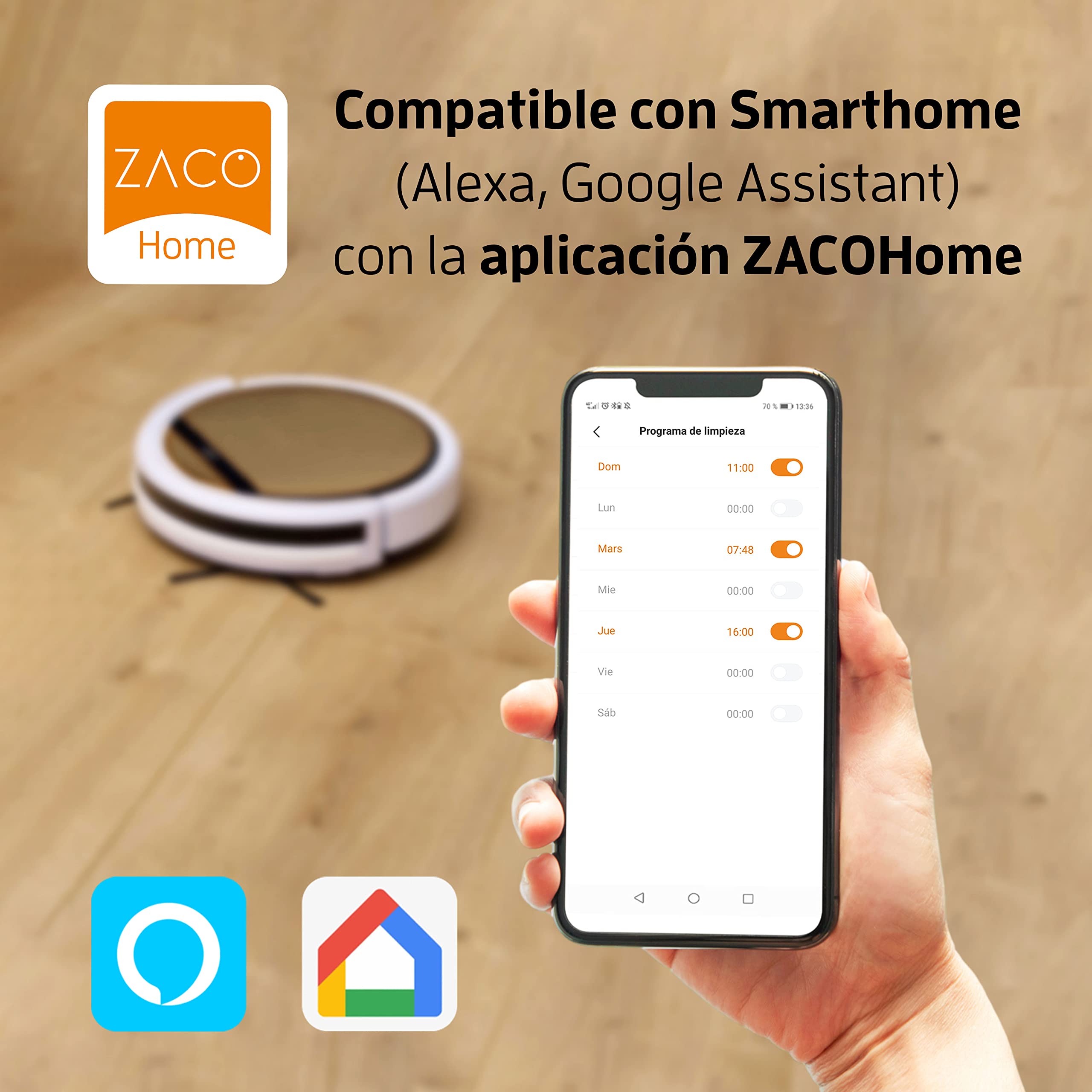 ZACO Robot aspirador y fregasuelos V5x con WiFi, Alexa, Google, App, Aspiradora y fregadora 2en1 para suelos duros, madera, parquet y alfombras, Robots aspiradores para perros y pelos de mascotas