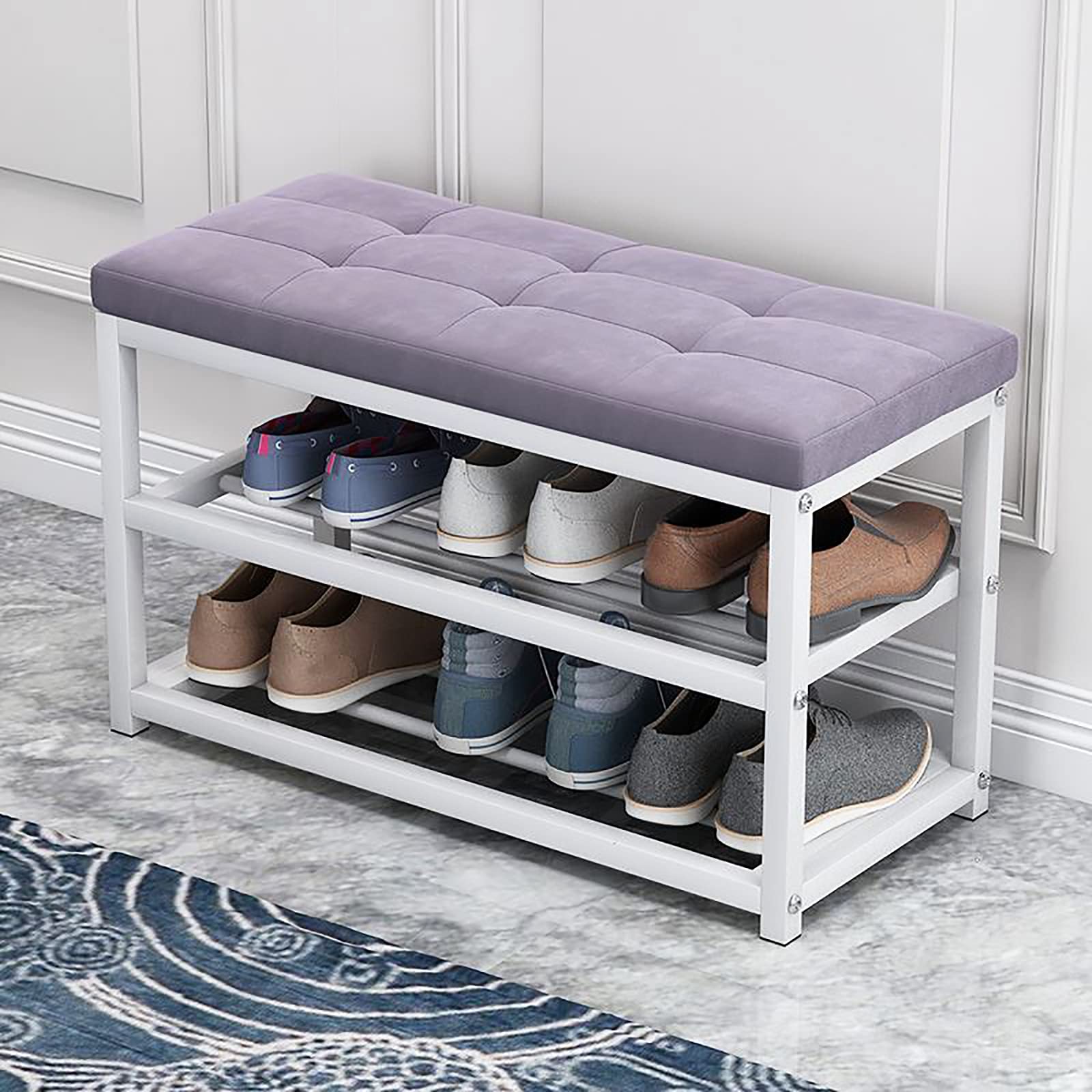 GDMDPTE Entryway Shoe Rack Bench with Cushioned Seat - 3-Tier Storage nizer with Metal Shelf, Velvet Upholstered Hallway Stool, 70x45x30cm (28x18x12inch)