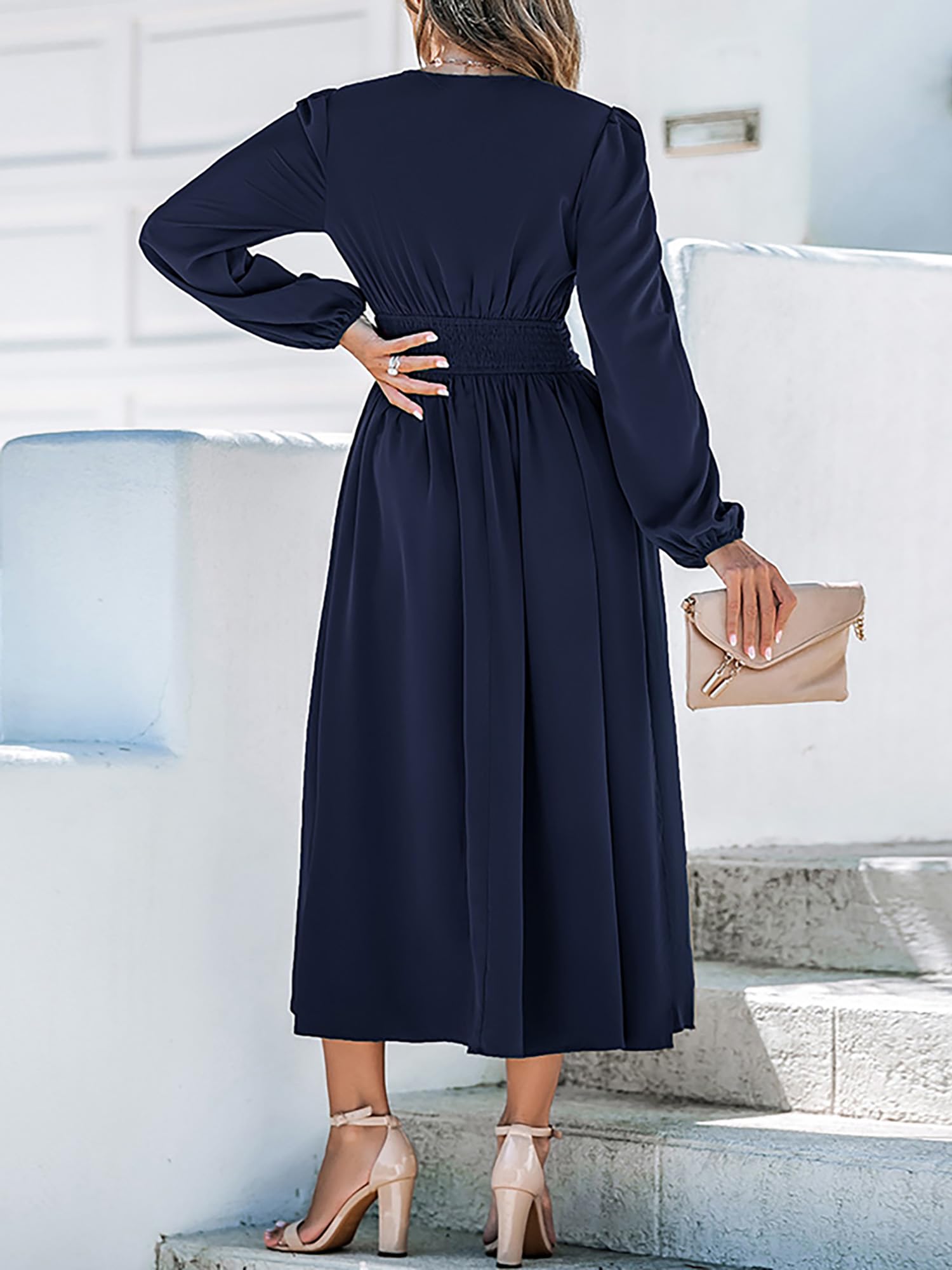 CUPSHE Robes d'automne pour femmes, col en V, manches longues, tunique fendue à la taille, couleur unie, robe midi décontractée