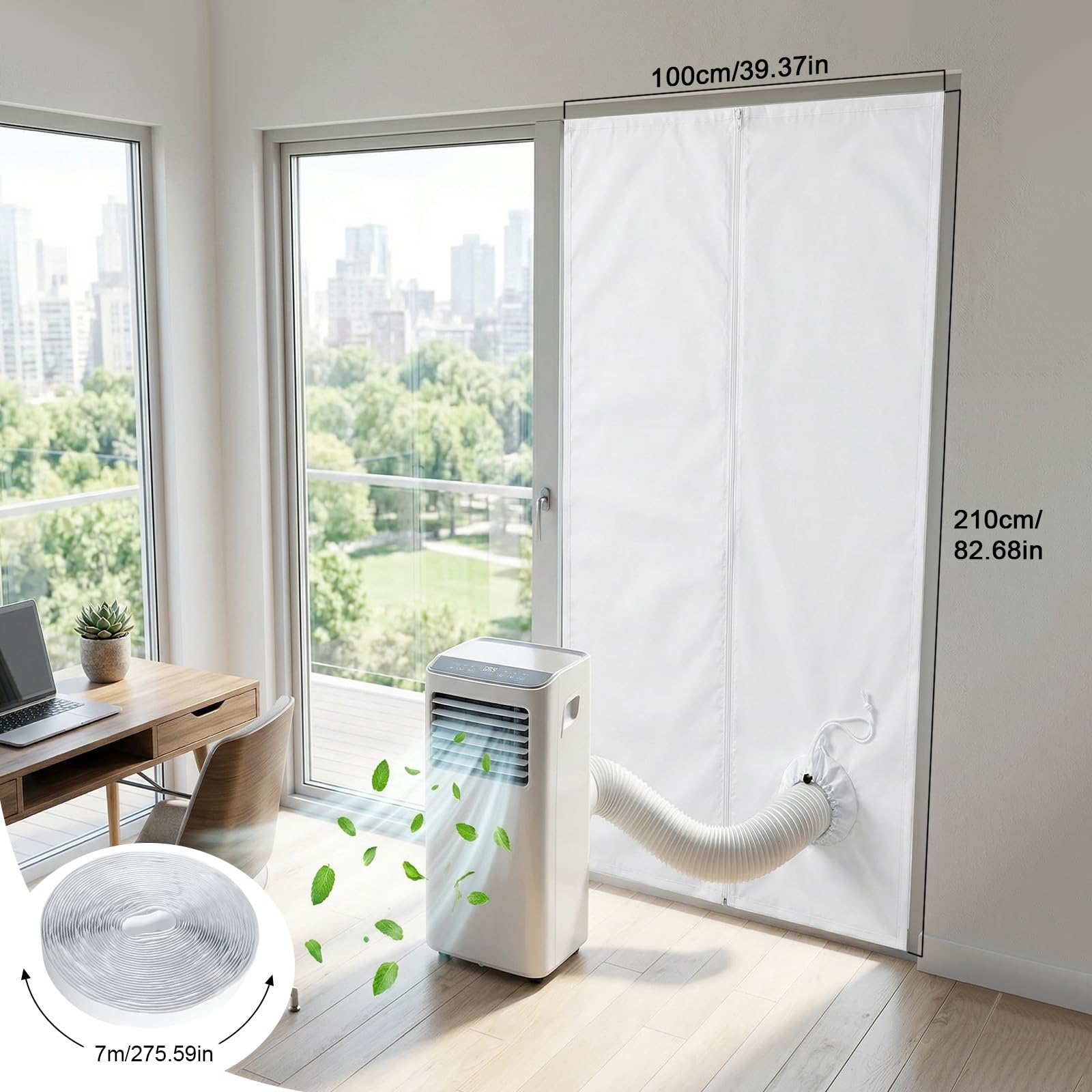 Türabdichtung für Mobile Klimageräte 100x210cm Klimaanlage Türabdichtung mit Zugband-Öffnung 7M Klettband Mobile Klimaanlage Fensterset Balkontürabdichtung Abluftschlauch Dichtung