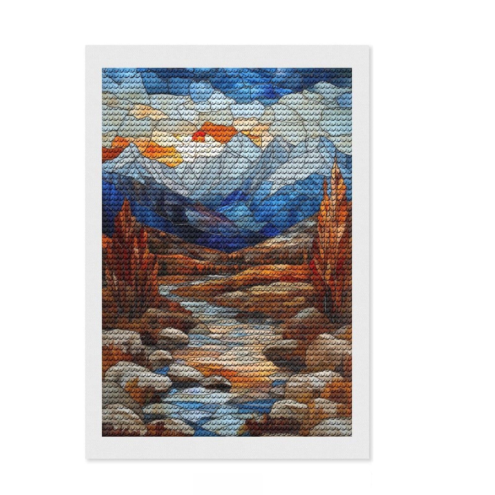 Junmoney Stained Glass Mountain Sunset Round Drill Diamond Painting 8"x12", Printed Canvas, Complete Accessories, Bedroom Decor, for Women, Office Decor