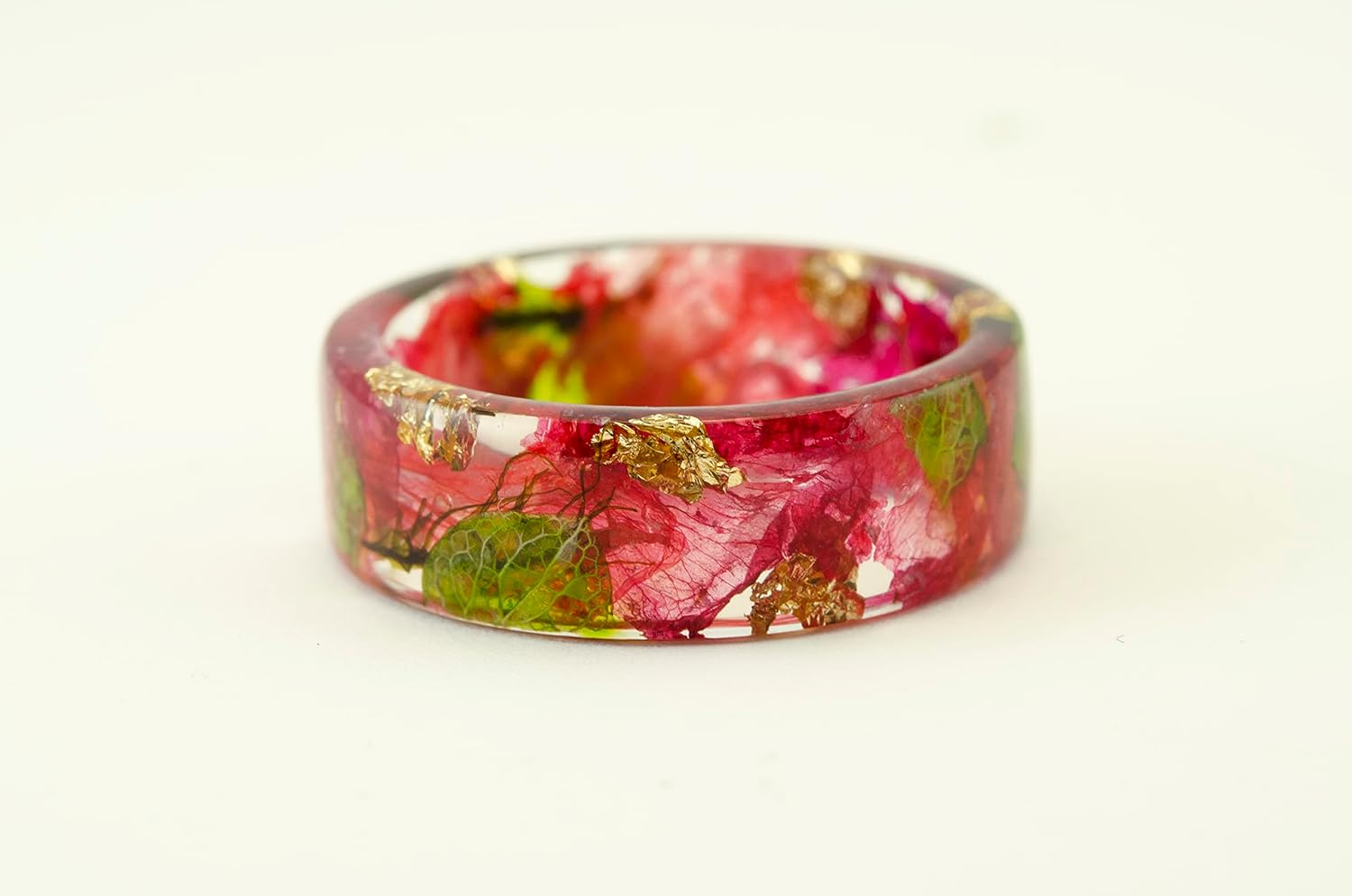 Nature Inspired Resin Ring with Pink Orchid, Moss, Red Skeletal Leaf. Engagement Ring for lovers.