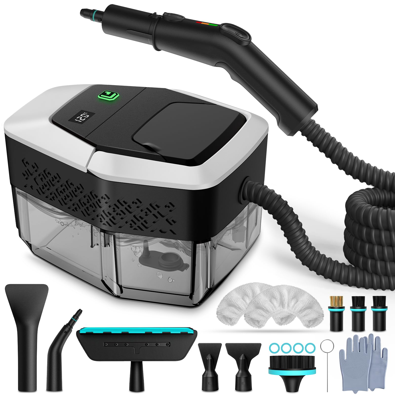 14 in 1 Dampfreiniger, 3 Stufig Einstellbarer Griff, Temperaturanzeige, 15 Sekunden Aufheizzeit, 1,8 L Wassertank, für Küche, Bad, Auto und Möbel (Schwarzweiß)