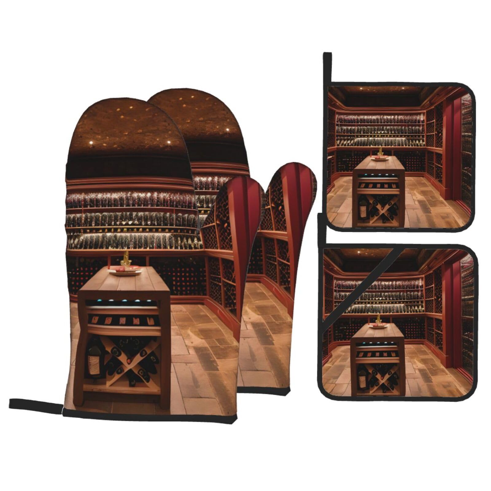Red Wine Cellar Print 4-Piece Oven Microwaving Set Waterproof Kitchen Gloves for Baking Grilling Cooking