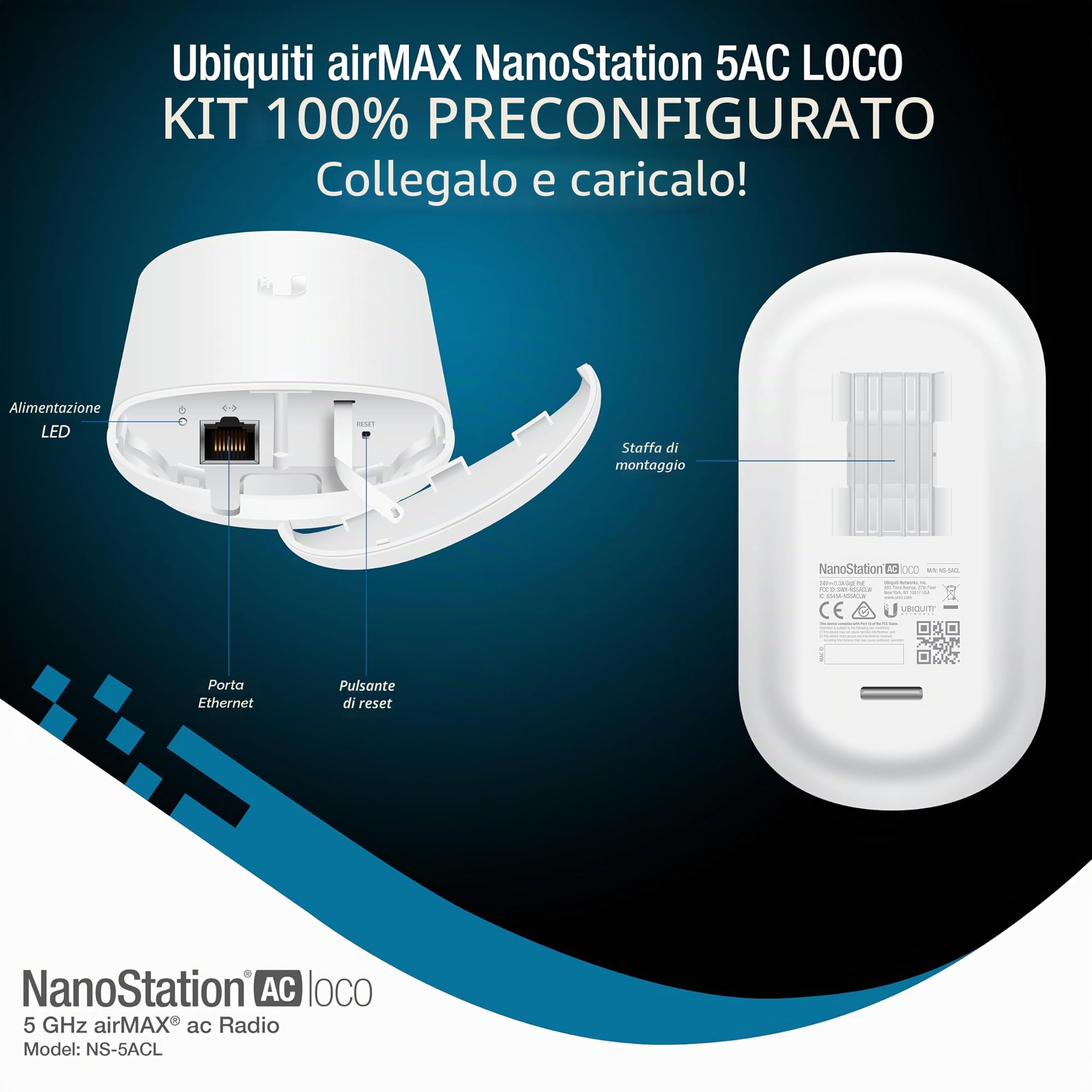 Ponte wireless Ubiquiti LOCO5AC PRE-CONFIGURED, Bundle di 2 Ubiquiti Nanostation LOCO 5AC, Ponte WiFi esterno punto a punto, Plugh and Play, 5GHz, 450+Mbps, 10+km di gamma di collegamento, bridge di