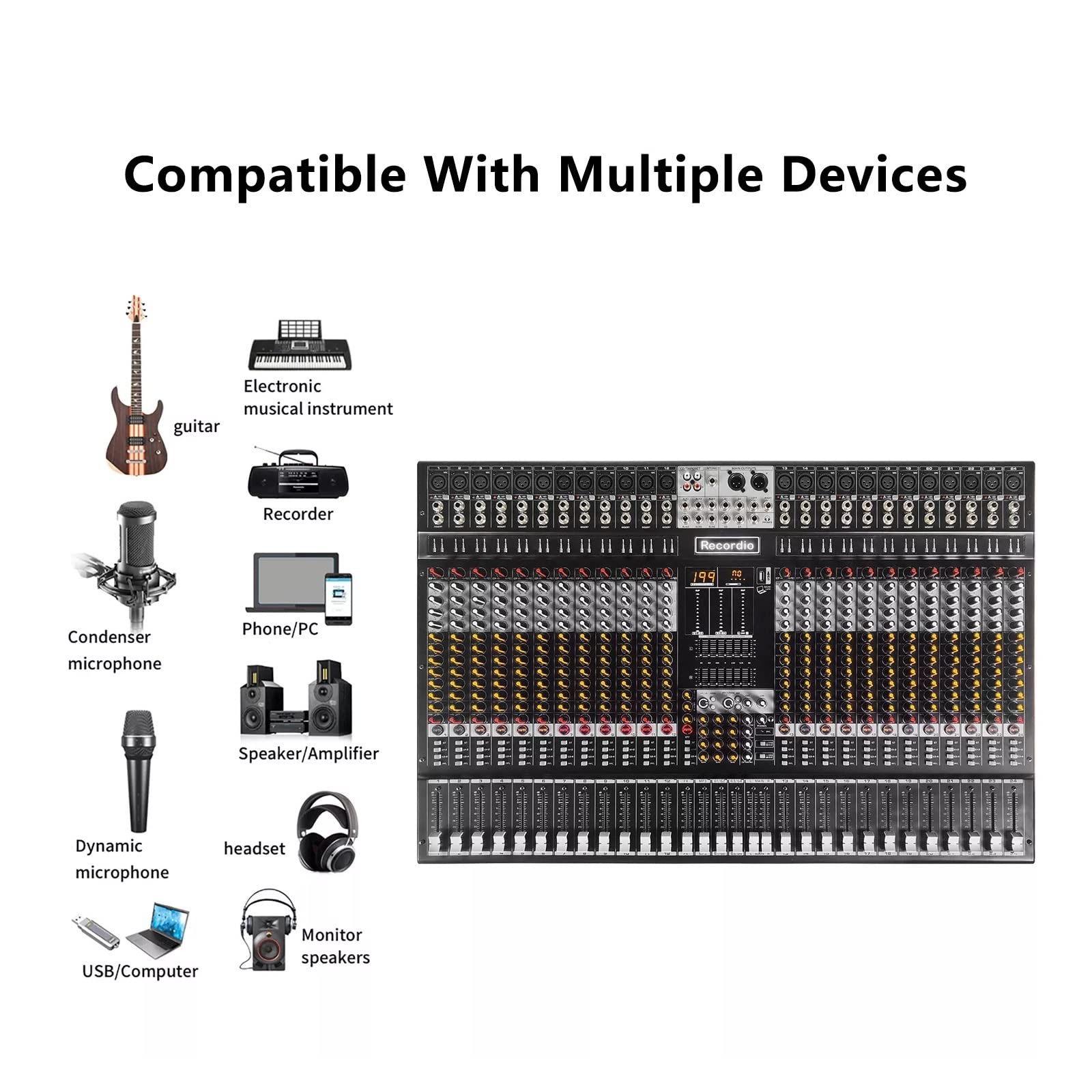 Mezclador de DJ, Mezclador USB profesional de 24 canales con mezclador de consola de DJ de escenario de grabación AUX