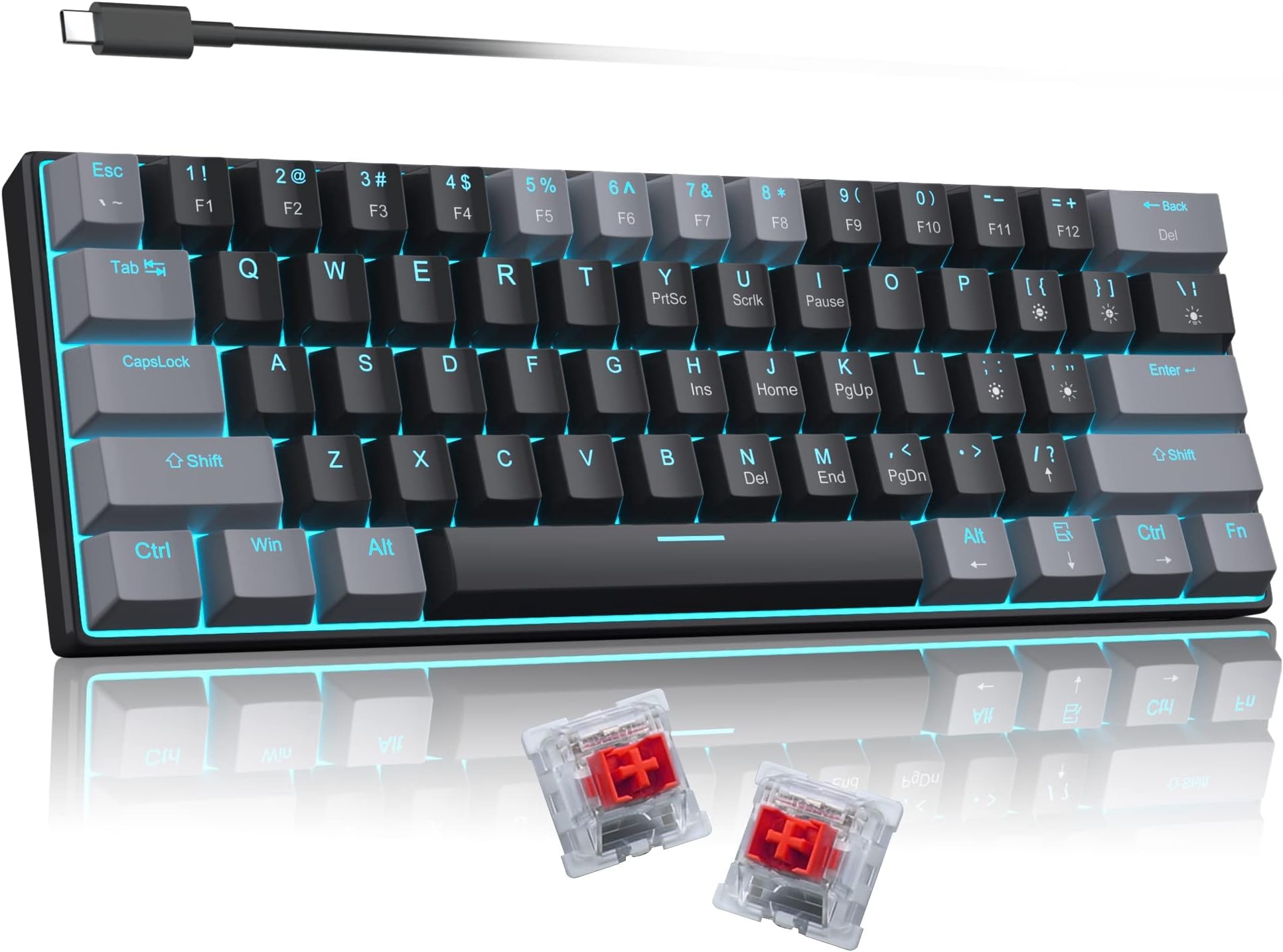 60 Percent Mechanical Gaming Keyboard, Gray&Black Mixed Color Keycaps