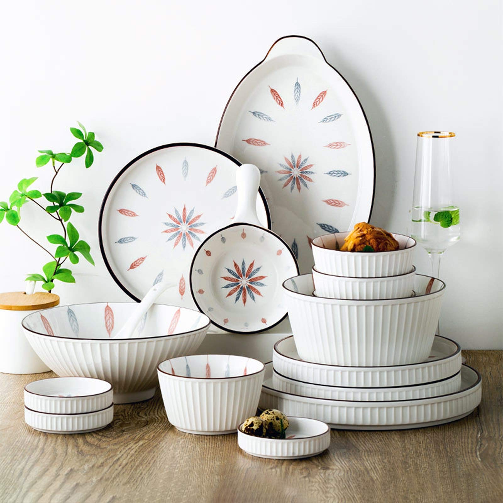 Zastawa obiadowa na imprezę Zestaw zastawy kuchennej, ceramiczne zestawy obiadowe, 54 sztuki Pionowe linie Miska na płatki zbożowe i zestaw talerzy do steków