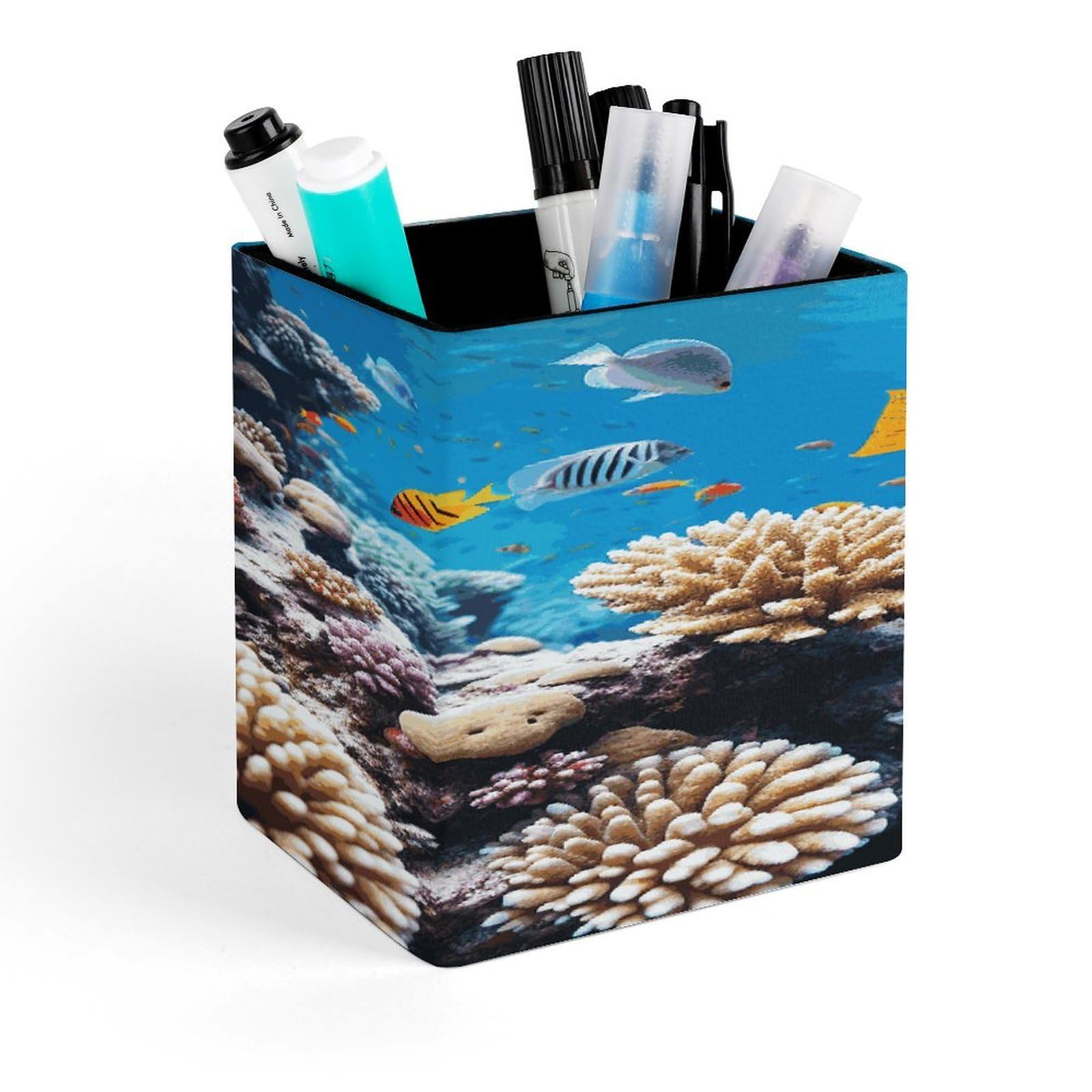 FekiLoot Ocean Tropical Fish Coral Pen Holder for Desk Minimalist Leather Pencil Holder Fashion Modern Pencil Cup Decorative Square Pen Cup Locker Organizer for Office Work Locker Accessories