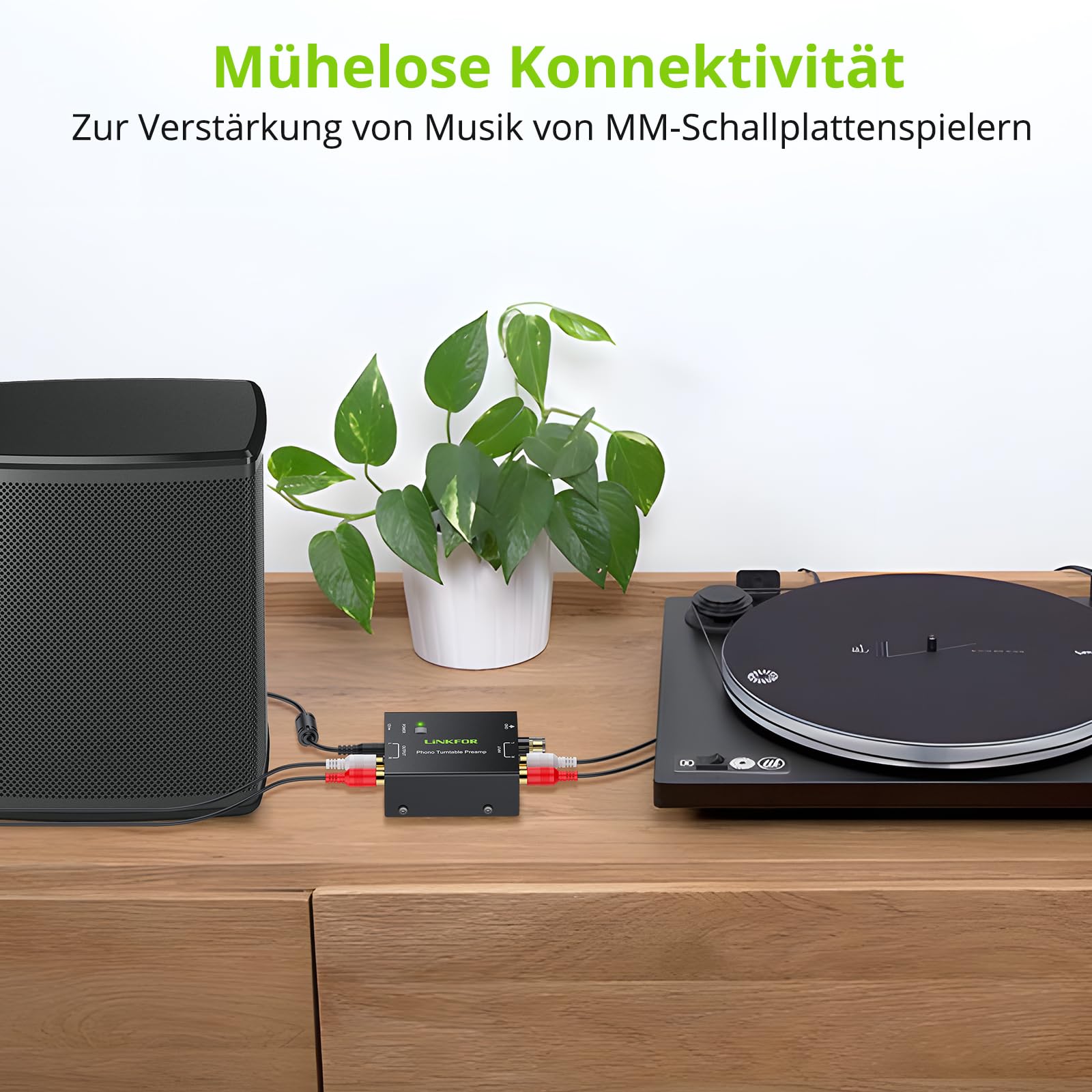 LiNKFOR Vorverstärker für Phono Plattenspieler PP900 Ultrakompakter Phono-Vorverstärker mit Cinch Eingang, Cinch Ausgang und geräuscharmem Betrieb, inklusive Netzteil