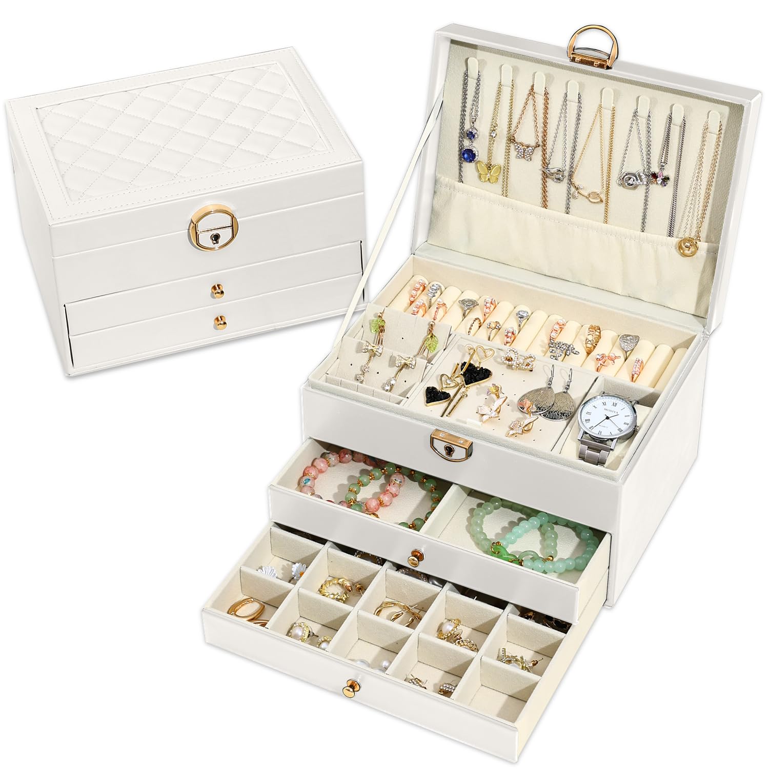 Granbest 3 Schichten Schmuckkästchen mit 2 Schubladen, Elegante Schmuckkasten, Leder Schmuckbox Ideal für Halsketten, Armbänder, Ringe und Ohrringe