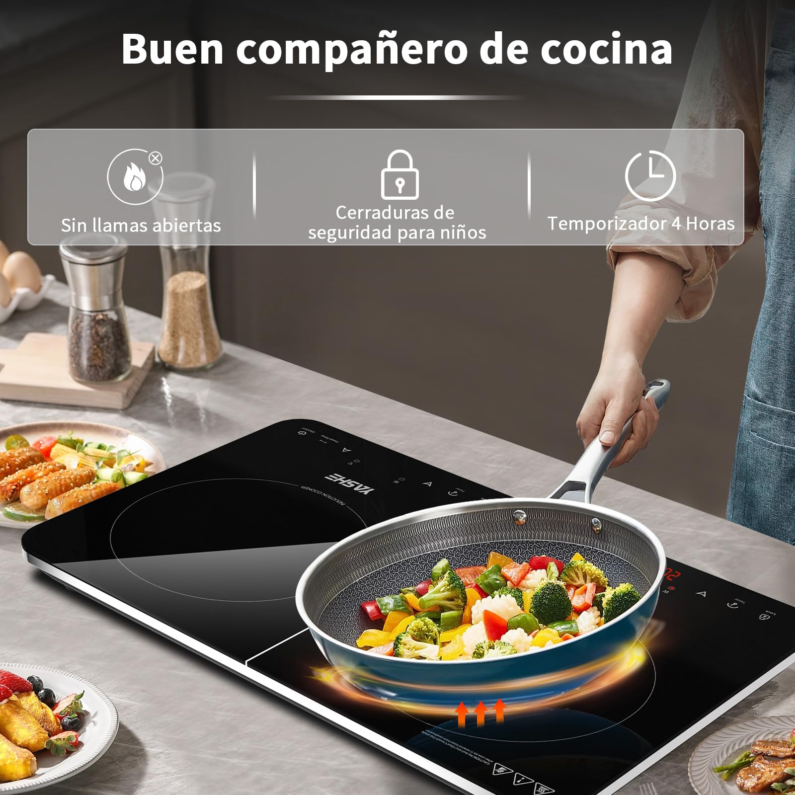 YASHE Placa de inducción- Placa de inducción de doble cara, 10 ajustes de potencia y 10 ajustes de temperatura, placa de inducción de 3500 W con 2 discos, temporizadores, bloqueo de seguridad
