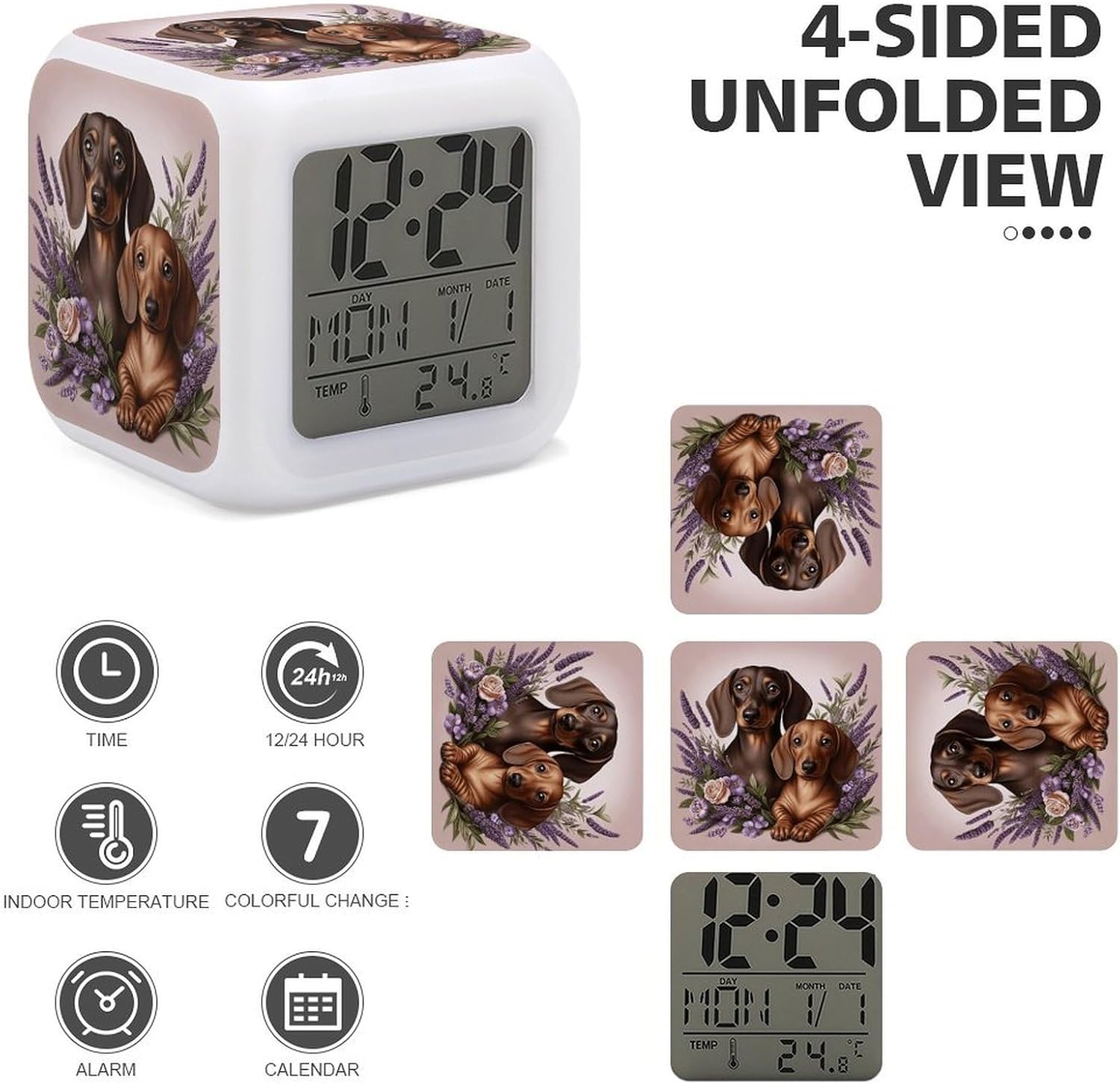 Night Light Alarm Clock, 7 Color Changing, Lavender and Dachshund image 4