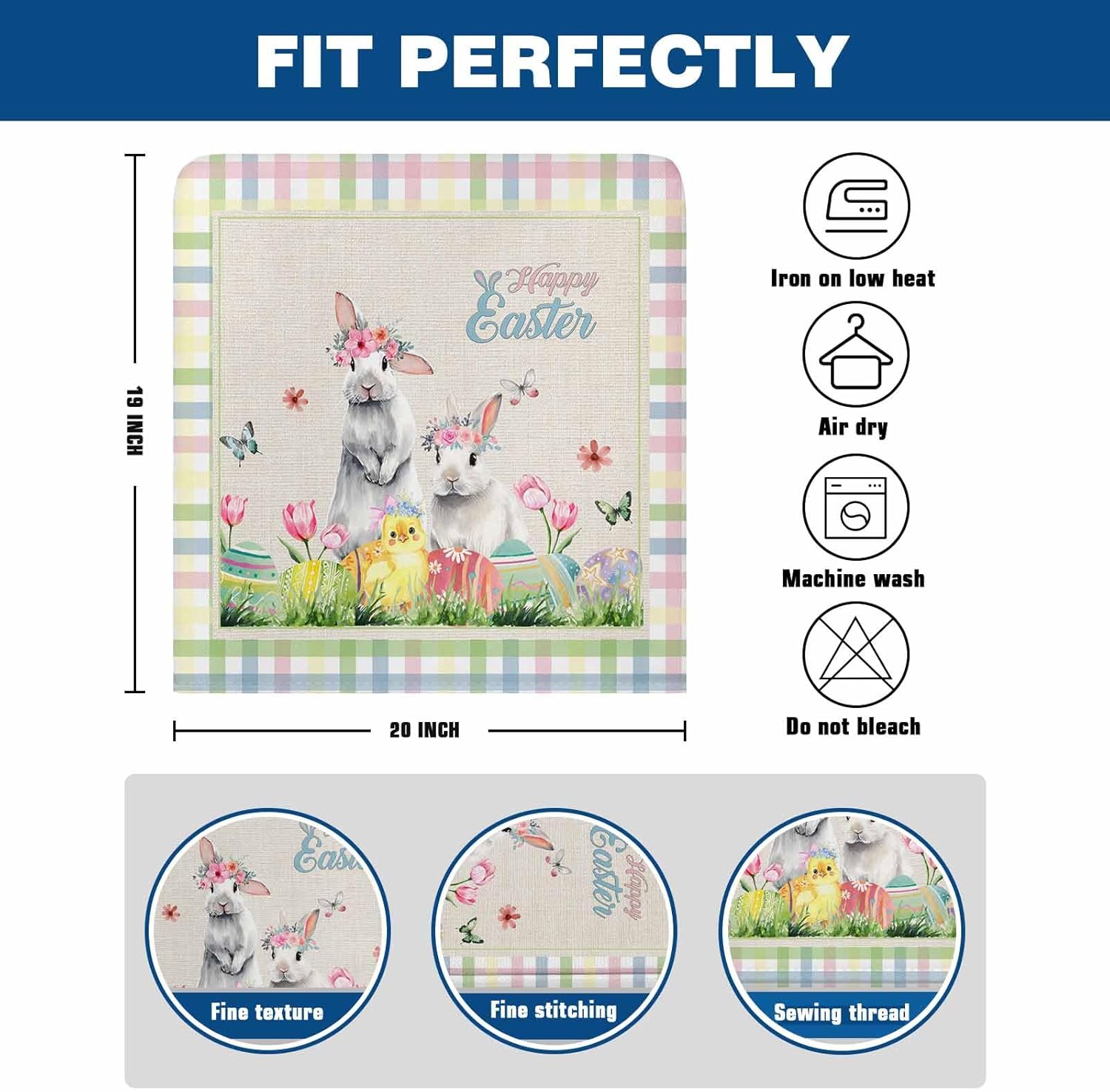 Savannan Dining Chair Back Covers, Happy Easter Rabbit Eggs Chick Colorful Buffalo Check Chair Covers Chair Slipcovers Protective Covers for Holiday Party Festival Decoration, Set of 6