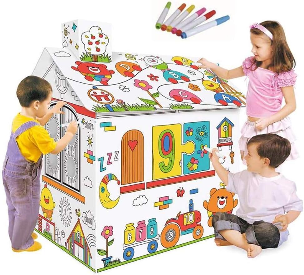 AM ANNA DIY Large Cardboard Coloring Creative Crafts Play House, 2.2 Feet Tall Project Assemble and Paint Educational Toys