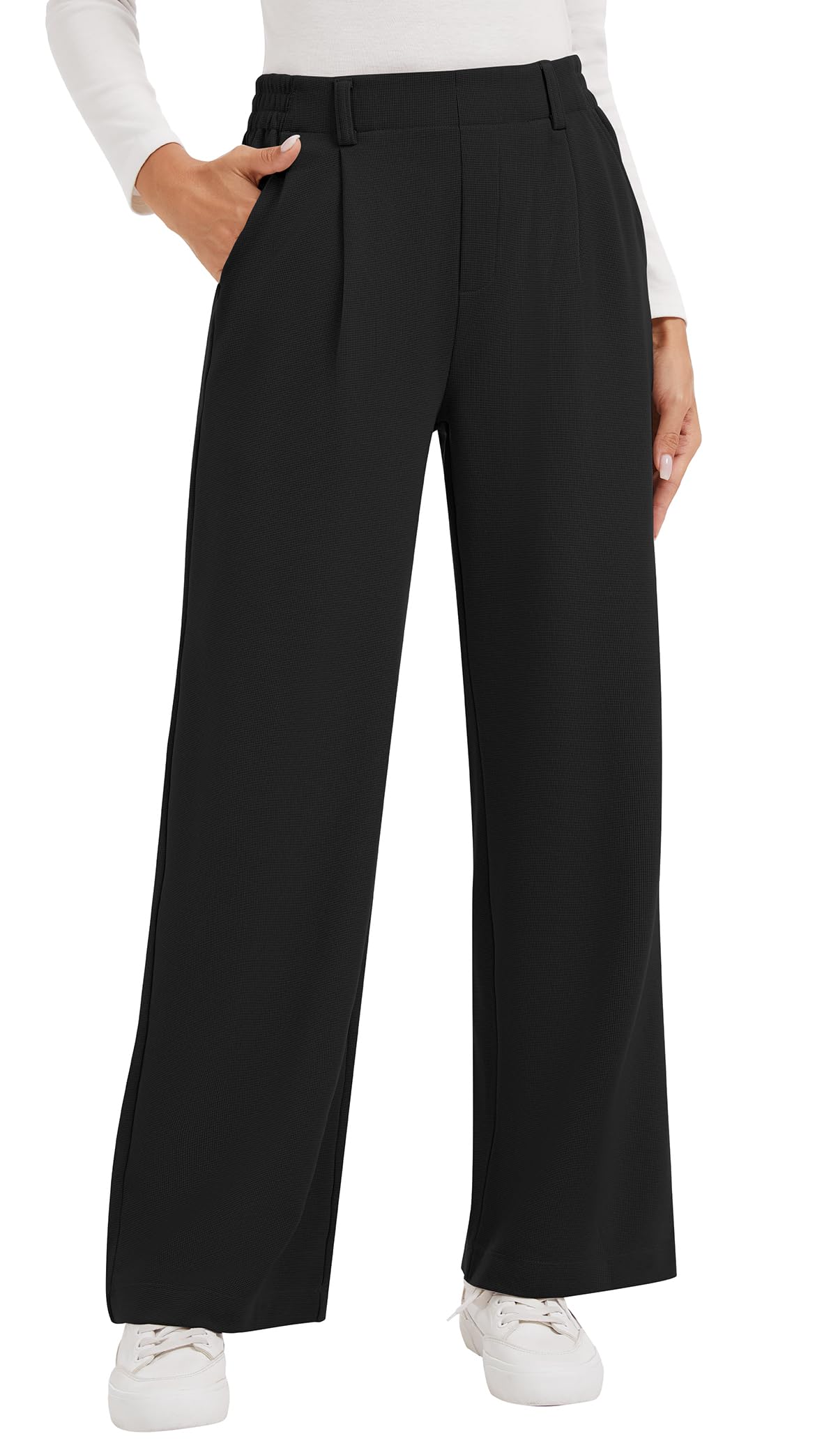AVAMO Slacks for Women Stretchy Work Pants High Waisted Business Casual Pants with Pockets Elastic Wide Leg Waffle