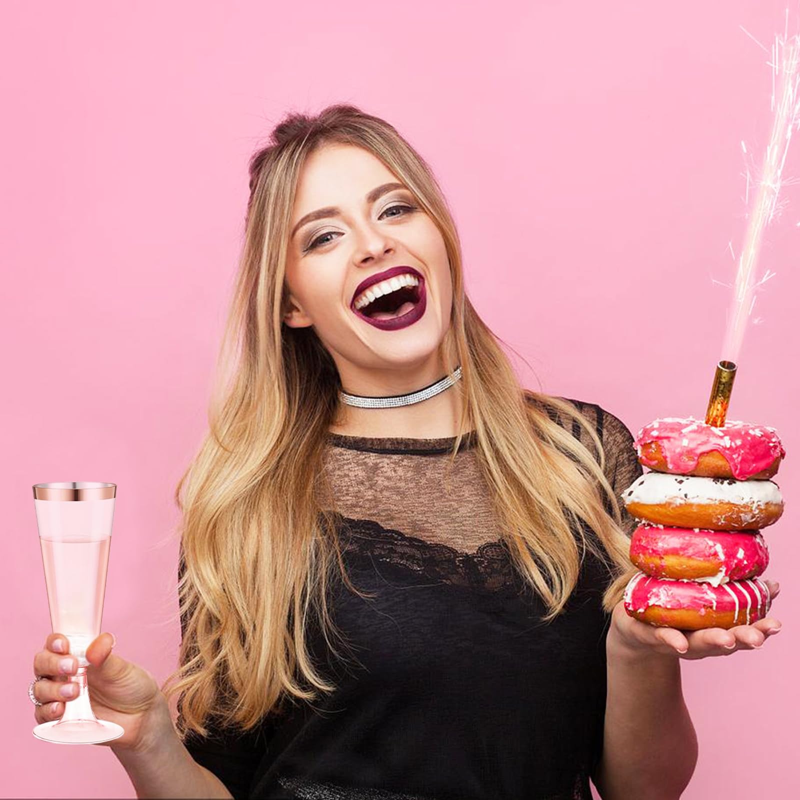 20 bicchieri da champagne in plastica, 150 ml, con bordo in oro rosa e brillantini, riutilizzabili, per compleanni, matrimoni, feste, picnic, attività all'aperto (oro rosa)