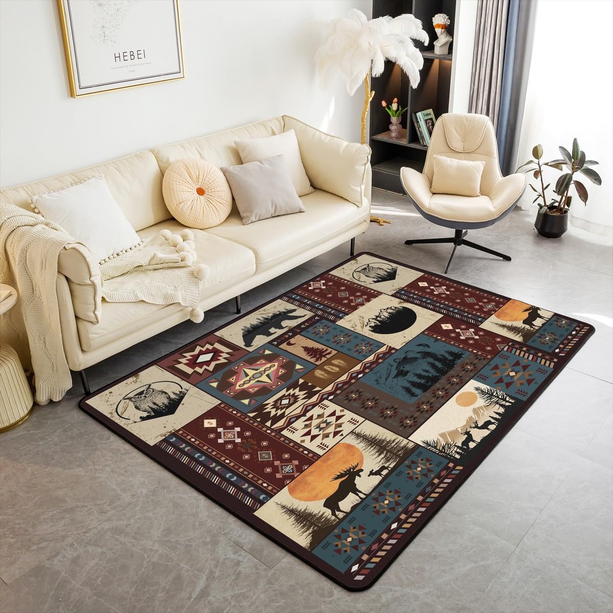 Rustic Farmhouse Area Rug 5x7 for Bedside Living Room, Retro Cabin Lodge Carpet Non Slip, Hunting Bear Deer Rug, Maple Leaves Indoor Floor Mat, Rustic Woodland Pine Tree Decorative Rug, Red Brown