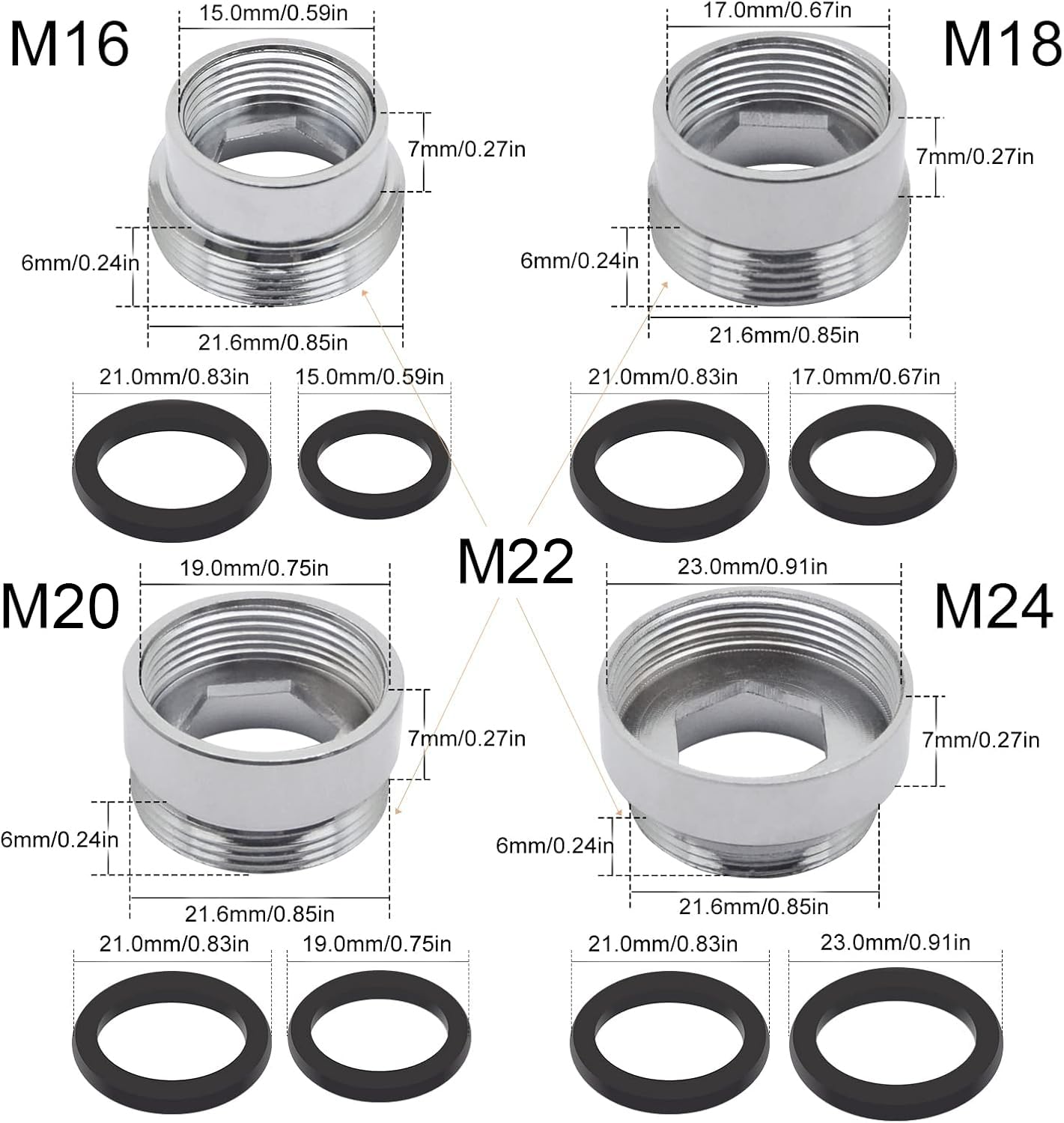 Adaptador De Toque De Metal, M16mm-22mm, 1PCS Adaptador De Grifo Del Conector Del Aireador De Grifo Para Ahorro De Agua De La Cocina, Filtrado Femenino