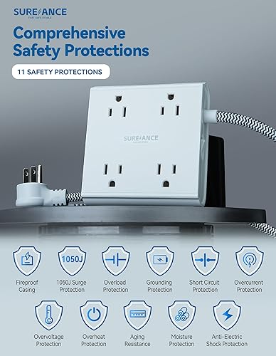 Miniatura 5 de Regleta de alimentación de 4 salidas con protector de sobretensiones USB C-SUREANCE 4 puertos USB, 1050J, cable de extensión de 5 pies, enchufe