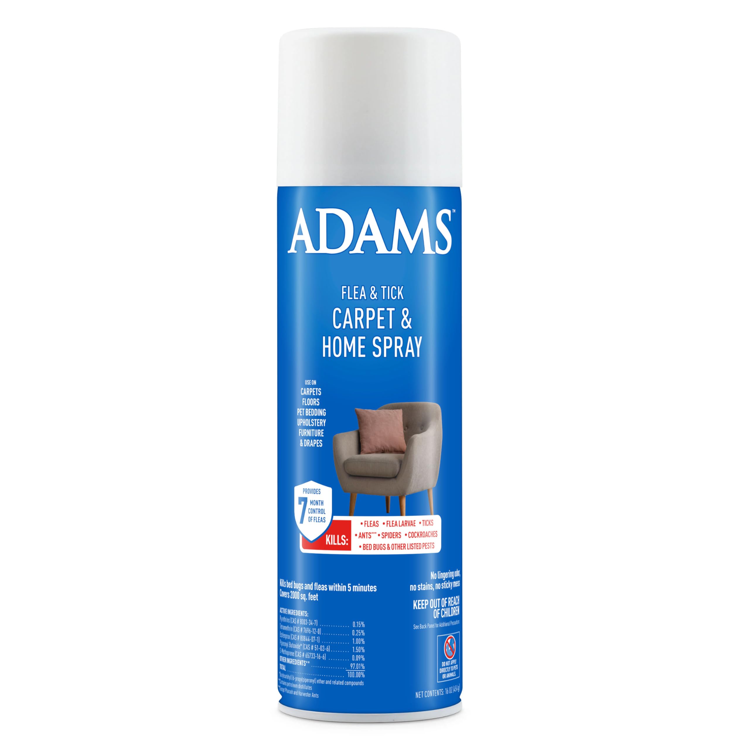 Adams Flea & Tick Carpet & Home Spray, Kills Fleas, Silverfish, Spiders, Ticks, Ants, Crickets, Bed Bugs & Others Listed Nuisance Pests Indoors, 7-Month Flea Protection, Treats Up to 2K Sq Ft, 16 Oz.