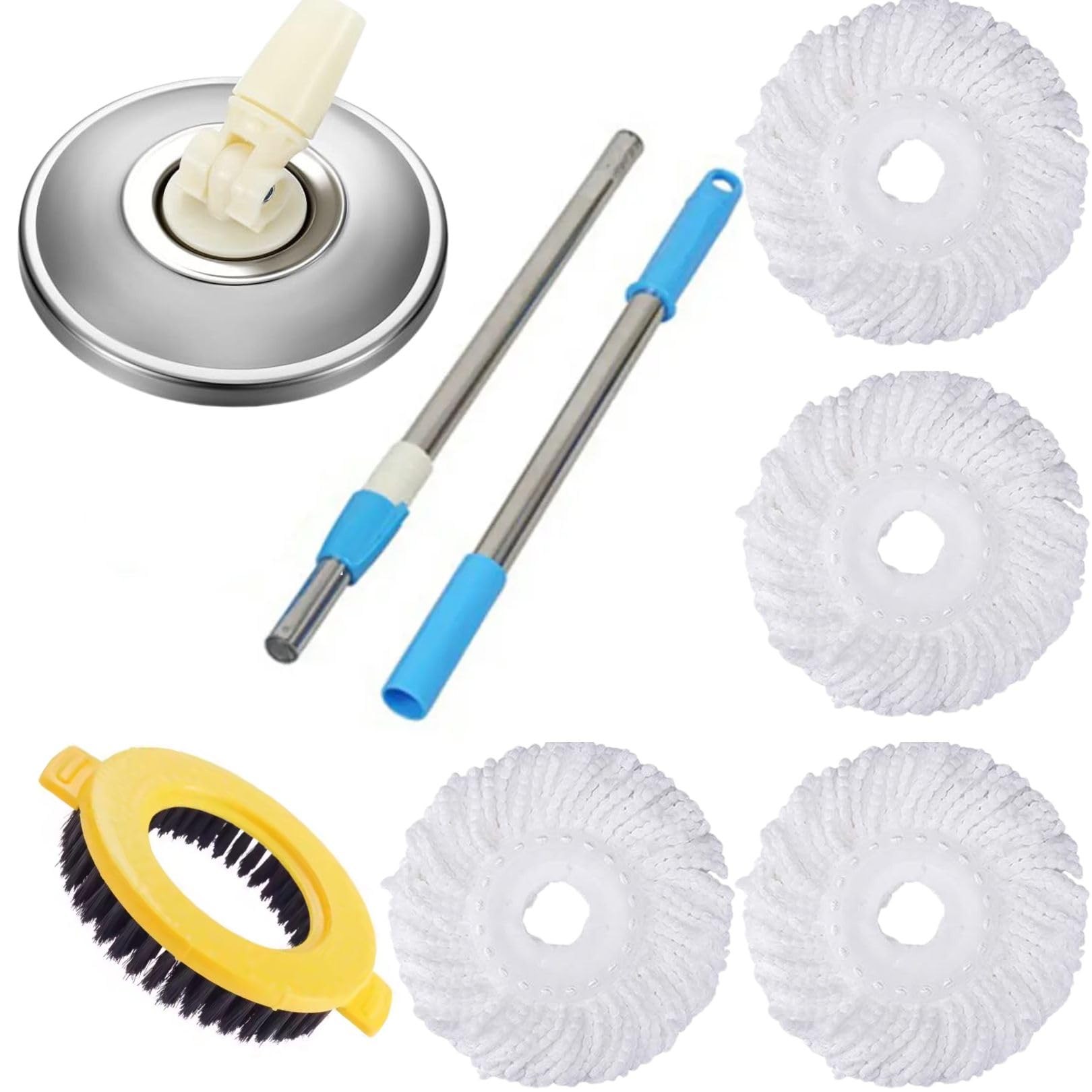 Zalcoon 4 Spin Mop Heads Replacement, Handle, Scrub Brush & Base Compatible with Spin Mop & Bucket set accessories for Floor Cleaning,Round Shape (White)