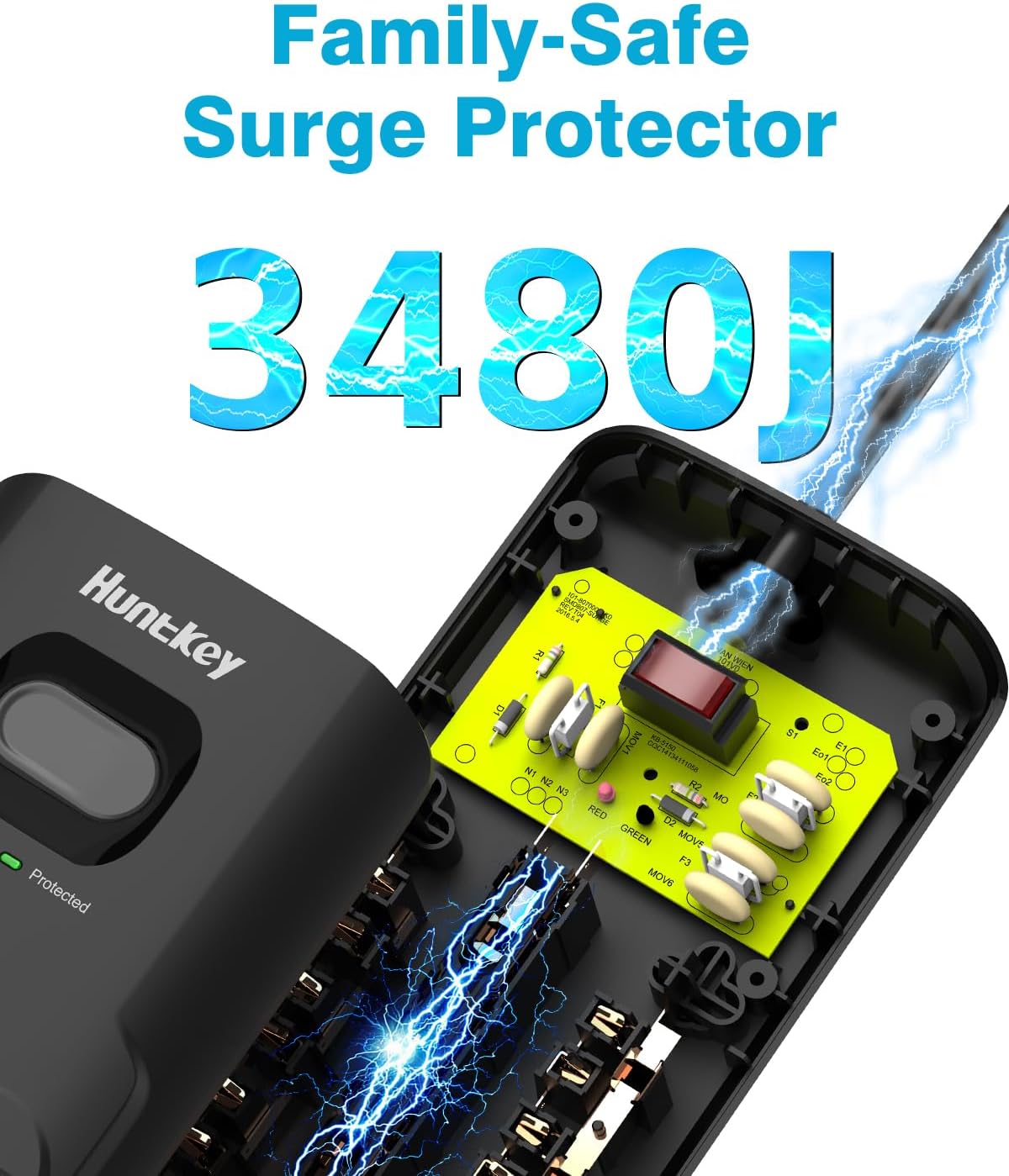 Surge Protector Power Strip (3480J), Huntkey 12 Outlets with 2 USB A and 20W USB C Fast Charging, 6ft Flat Plug, Heavy-Duty Extension Cord for Workbench, Kitchen, Garage Must Have, ETL Listed