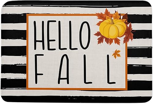 Thanksgiving Durable, Entrance Front Door Rug Shoes Mat Sponge Carpet, Indoor Non Slip Floor rDoor Mats - Orange Pumpkin Fall Maple Leaves Black