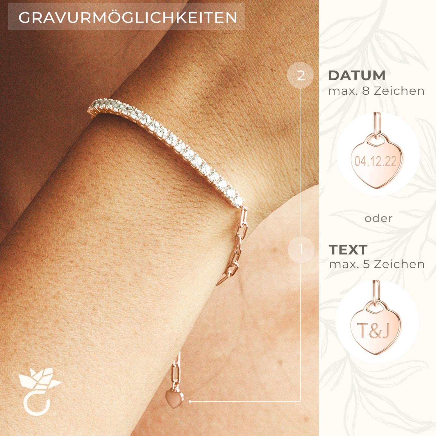 Amoonìc Tennisarmband Mixed aus 925er Silber oder vergoldet | Mit Zirkoniasteinen, Armband & grobe Glieder Kette im Mix, Herzplättchen gravierbar