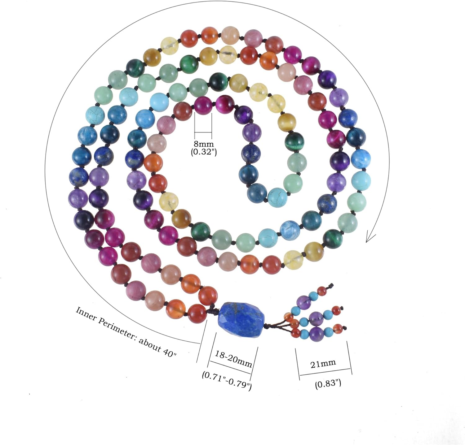 108 Mala Beads Genuine Semi-Precious Gemstone Hand Knotted 8MM Prayer Beads Long Multicolor Necklace 40 Inches - Image 8